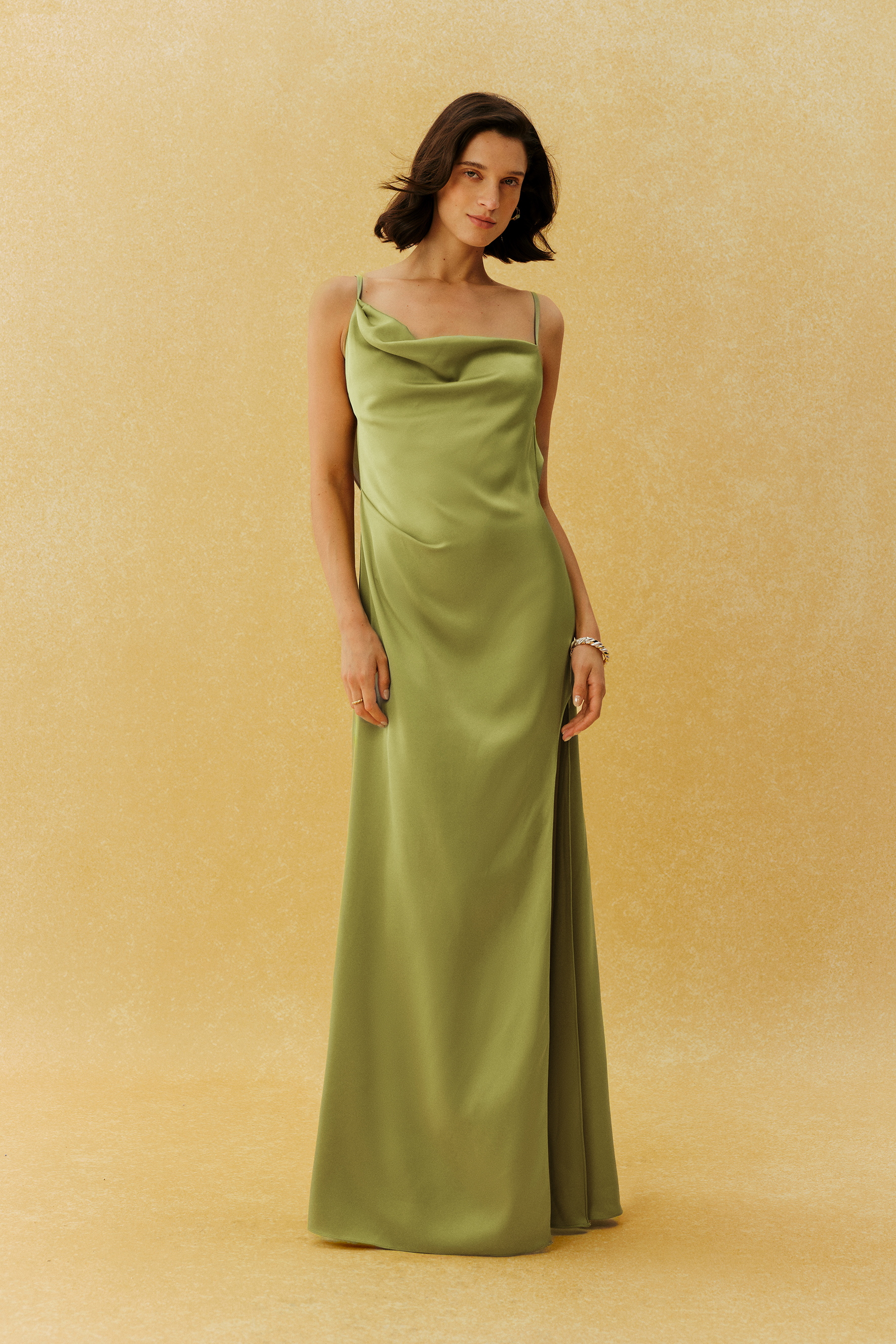 Paula Backless Ruffle Detail Satin Maxi Dress