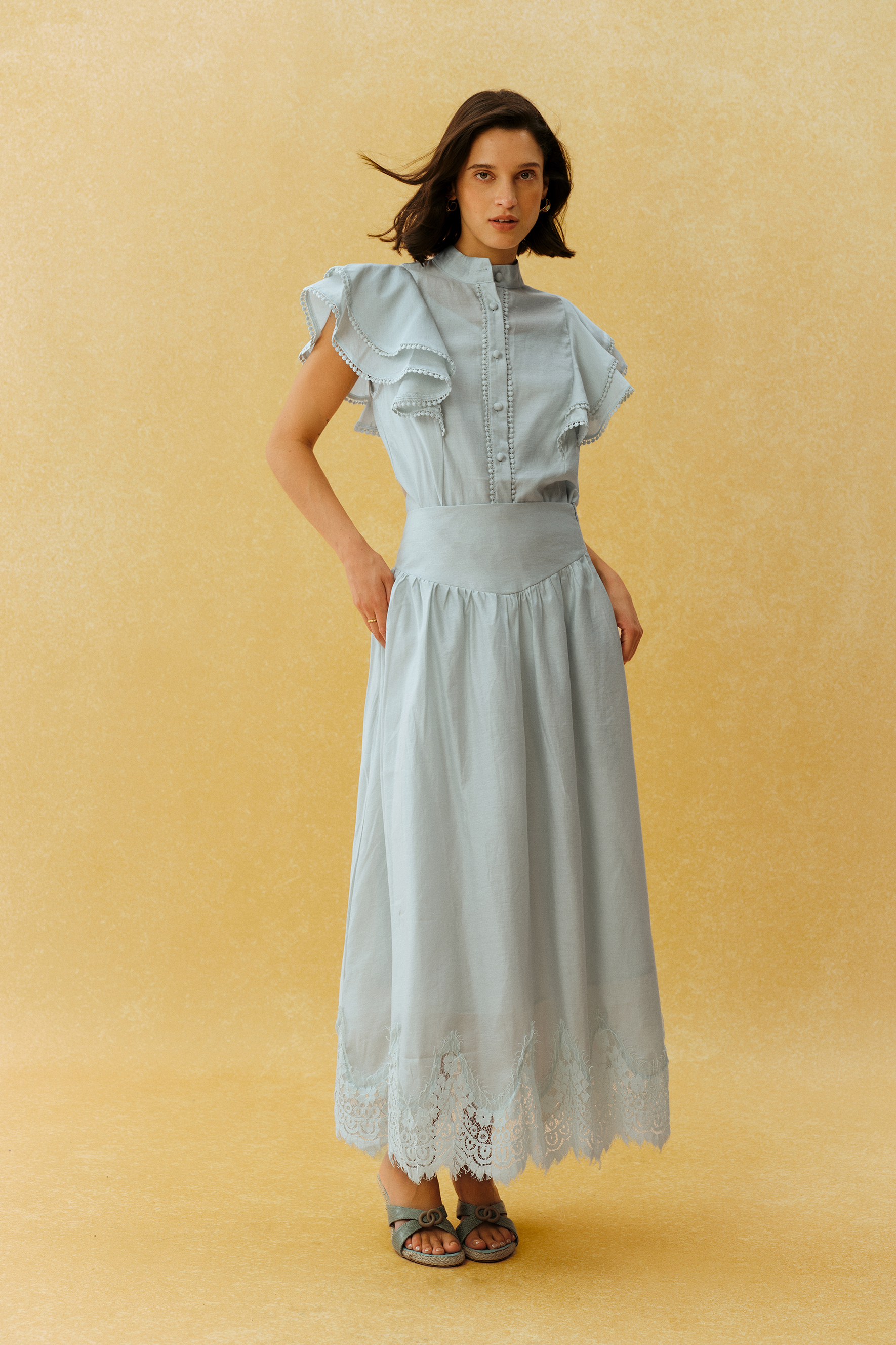 City Romance Blue Ruffle Sleeve Blouse & Lace Hem Skirt Set