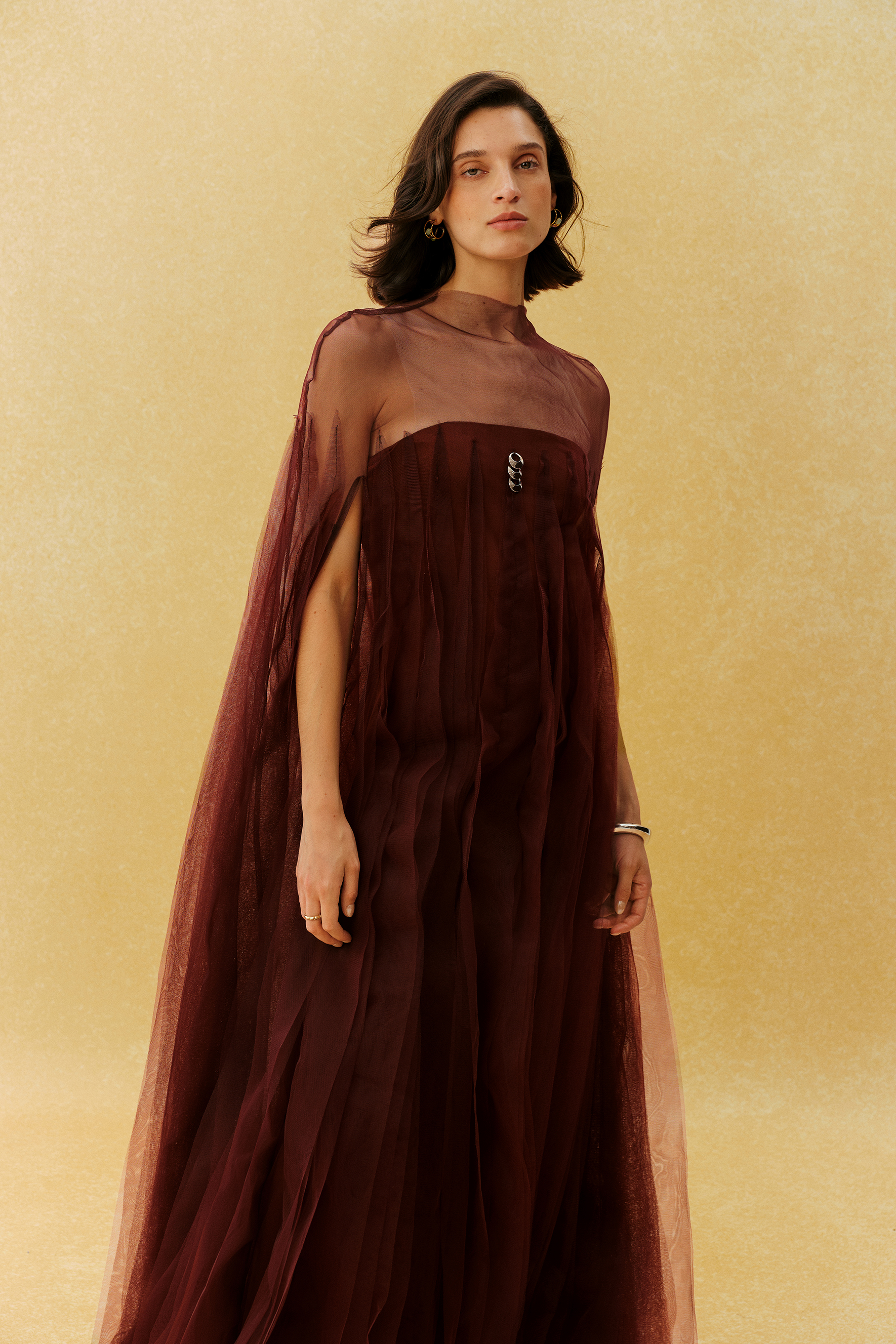 Main Character Burgundy Layered Ruffle Sheer Tulle Maxi Dress