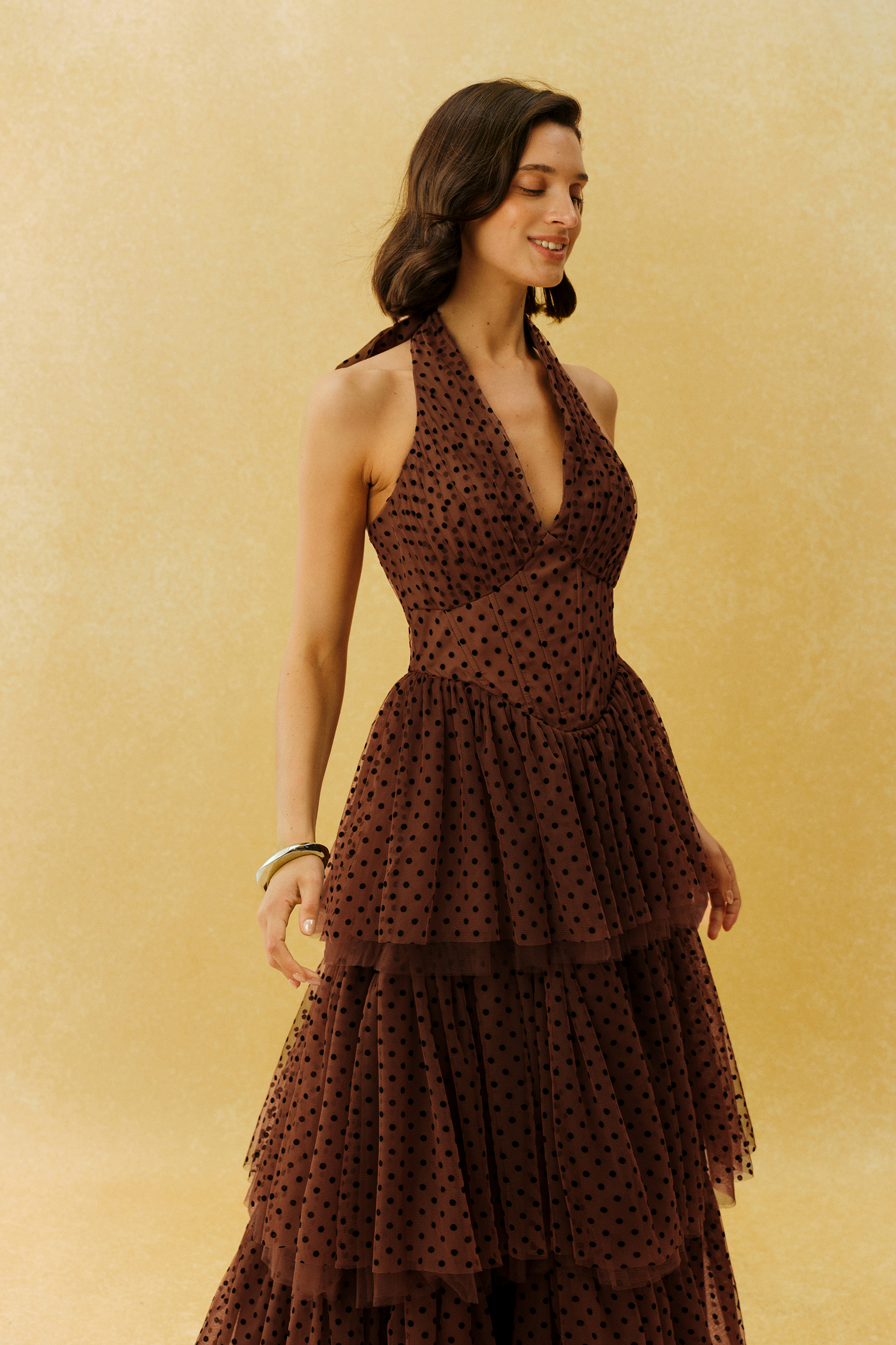 Lasting Allure Brown Polka Dot Halter Neck Tulle Maxi Dress