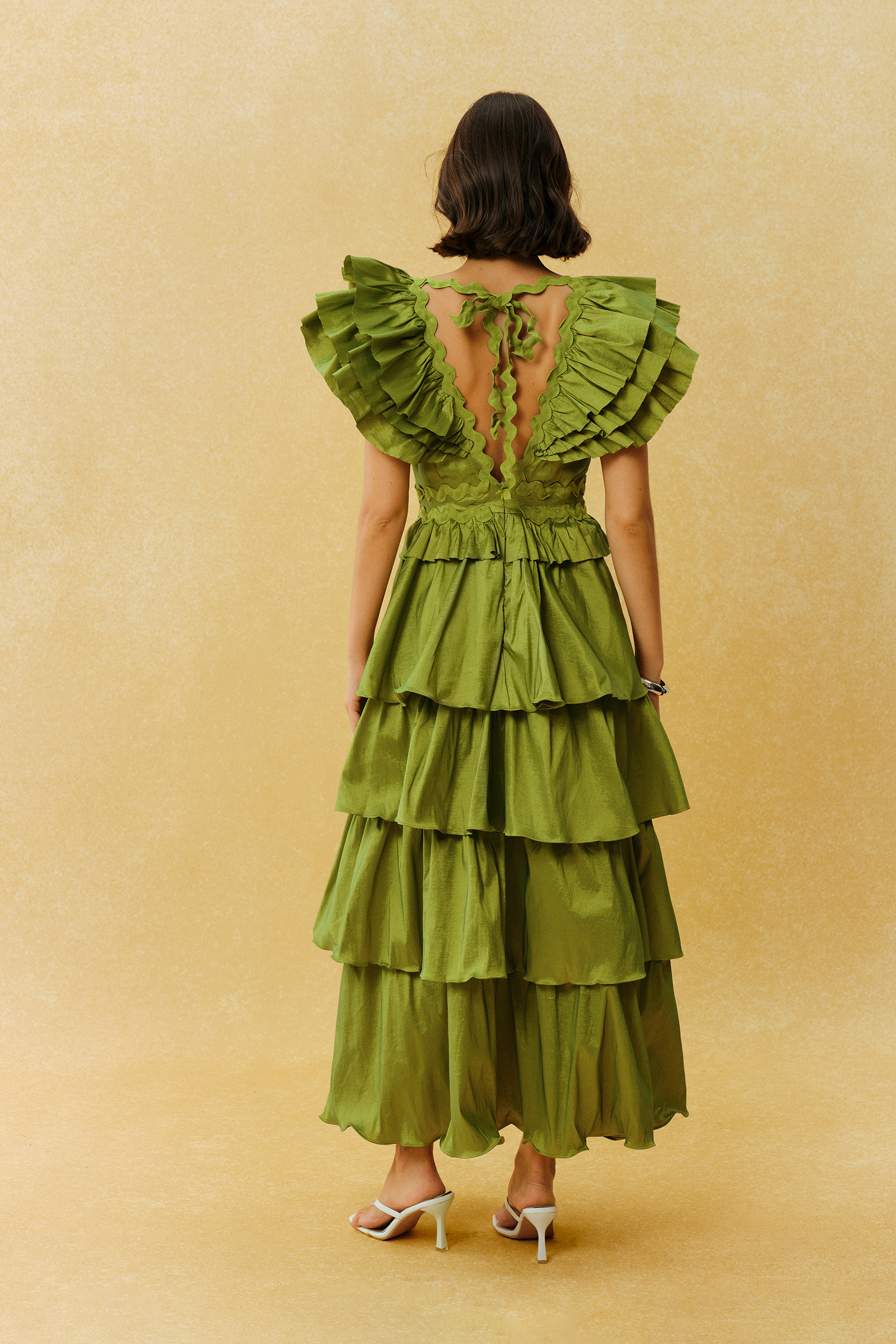 Can't Look Away Green V Neck Ruffle Sleeve Tiered Maxi Dress
