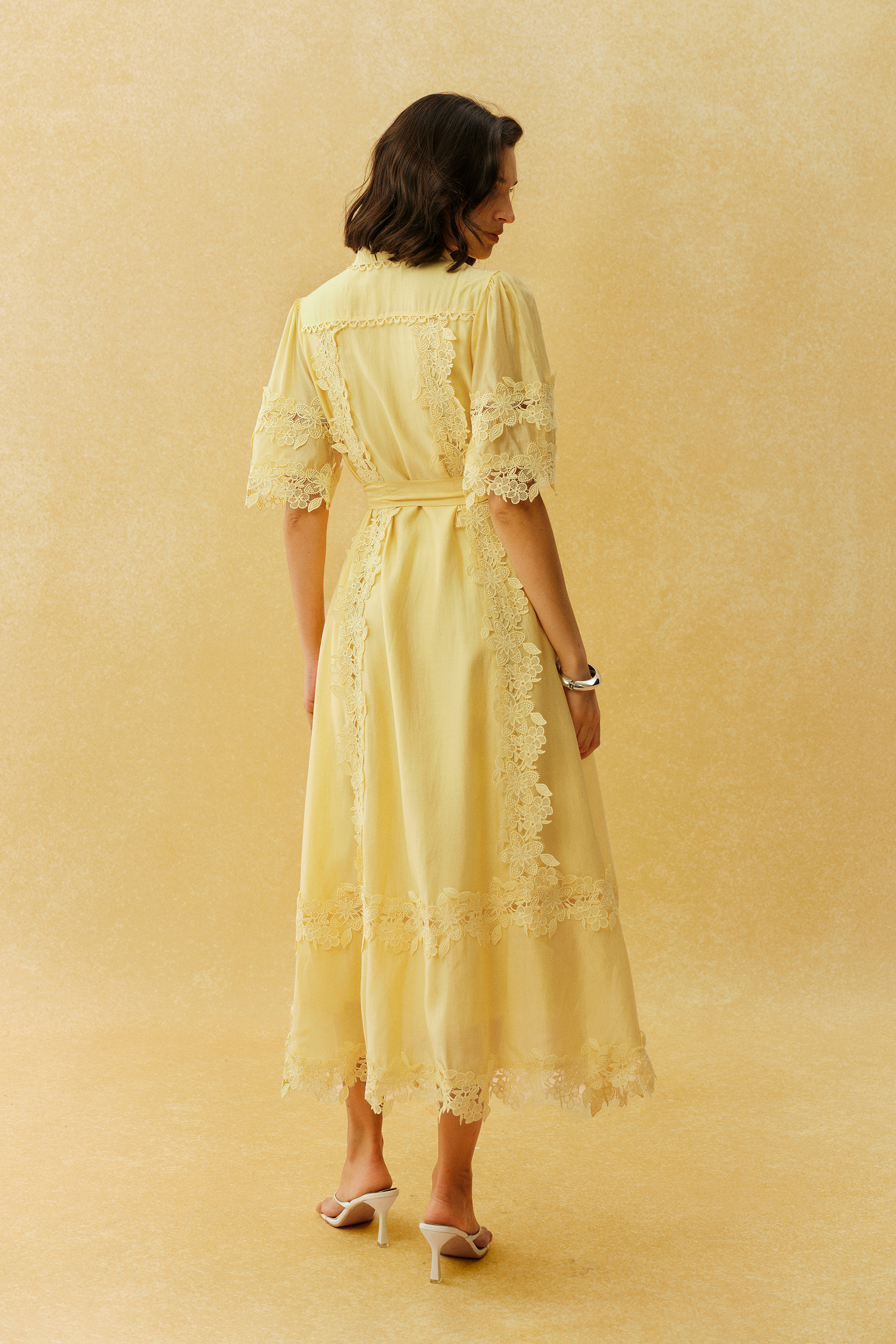 Chasing The Sun Yellow Lace Trim Short Sleeve Midi Dress