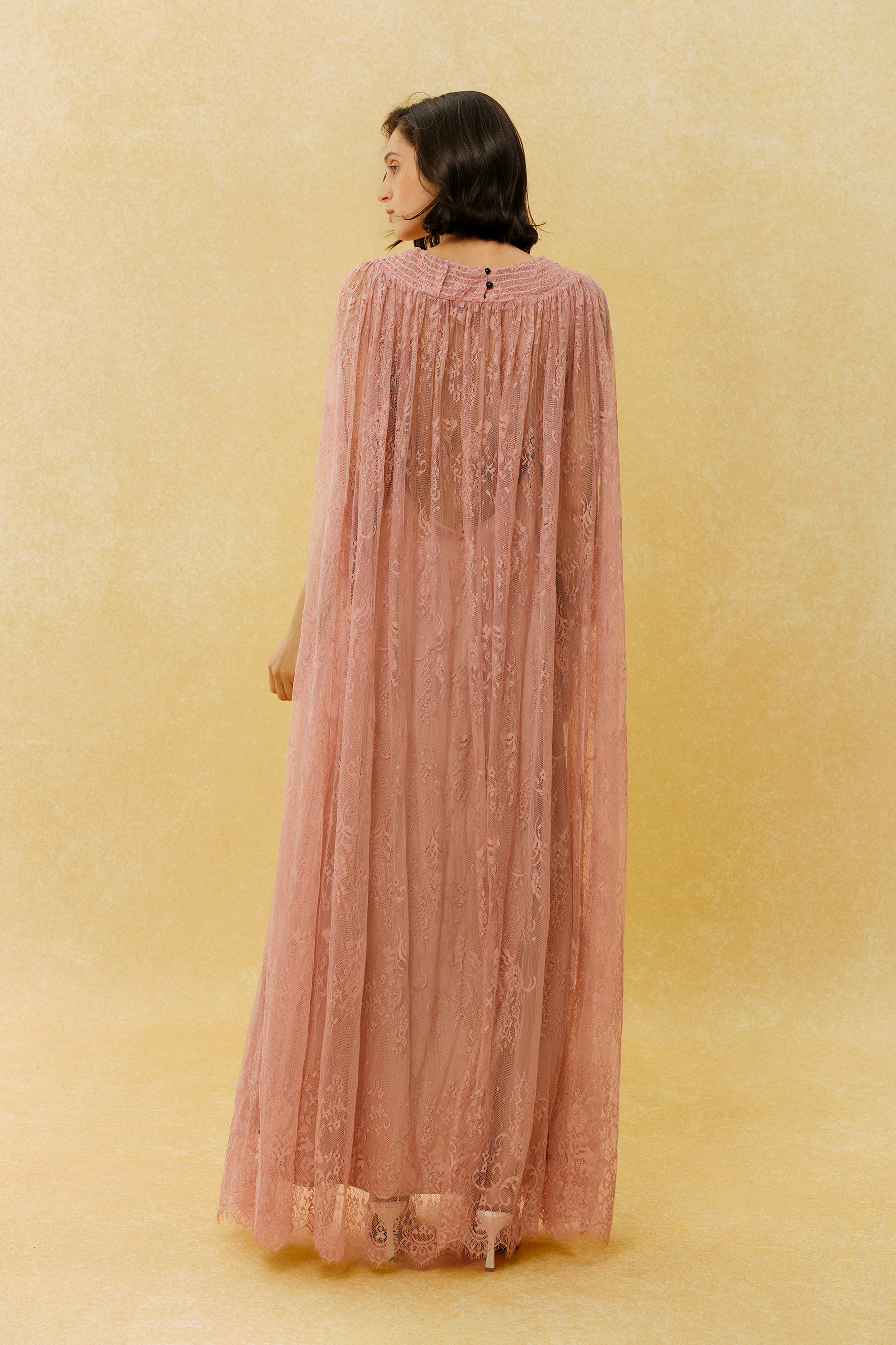 Can't Look Away Pink Floral Lace Cape Sleeve Maxi Dress