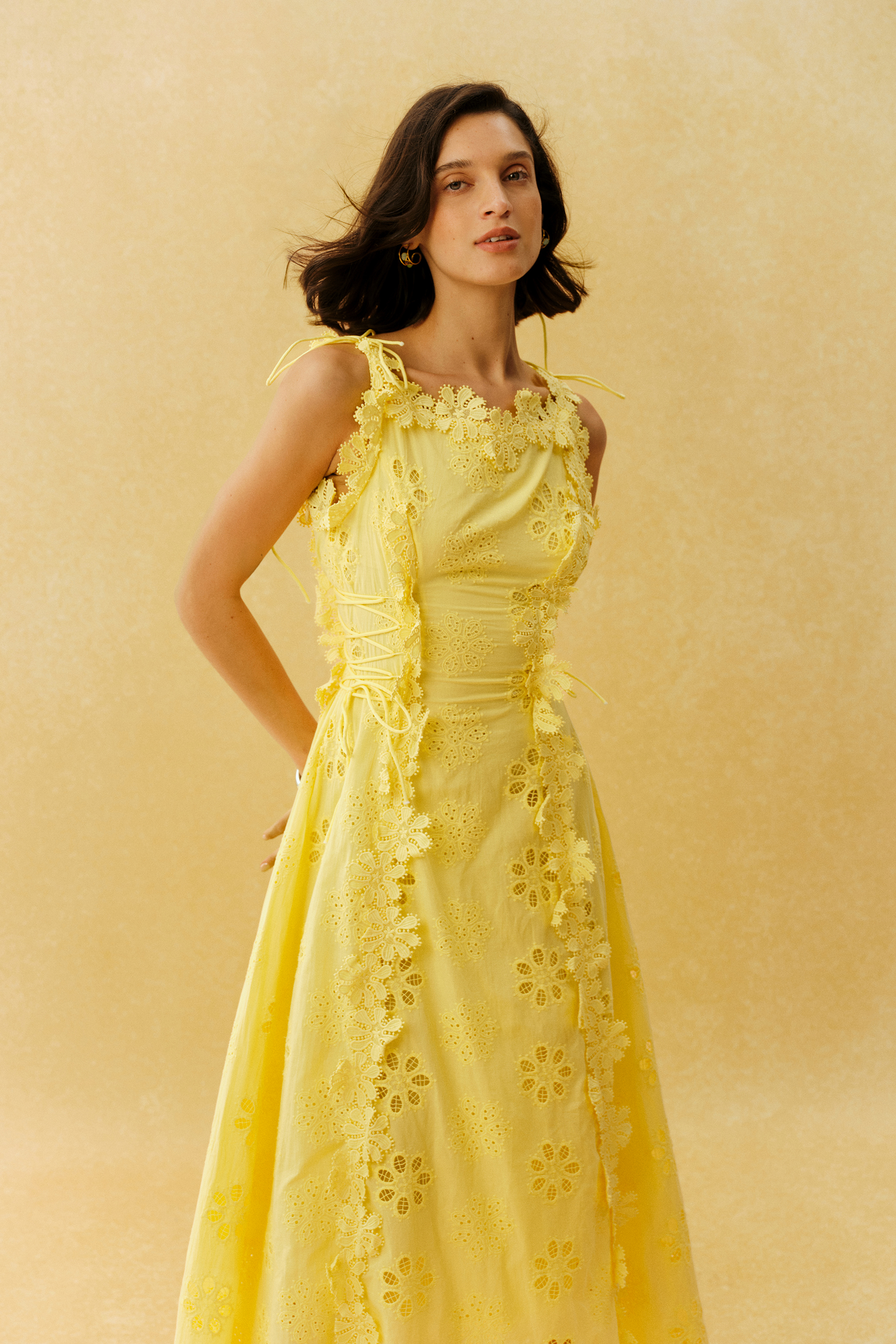 Runaway Darling Yellow Floral Embroidery Tie Strap Maxi Dress