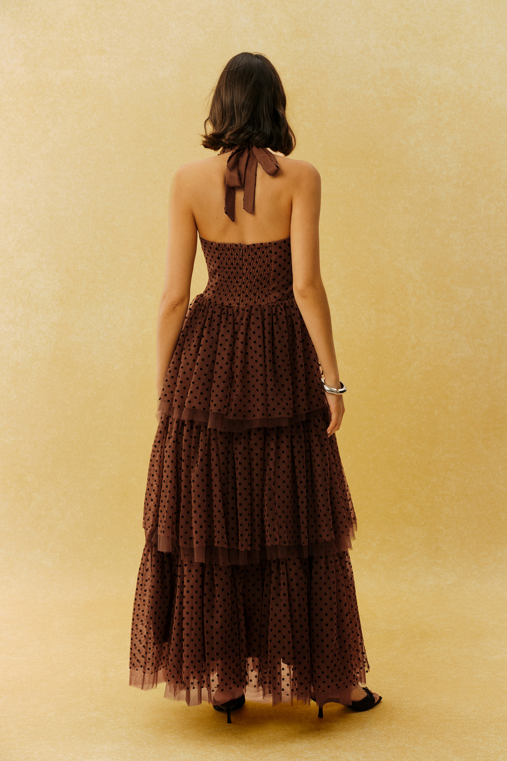 Lasting Allure Brown Polka Dot Halter Neck Tulle Maxi Dress