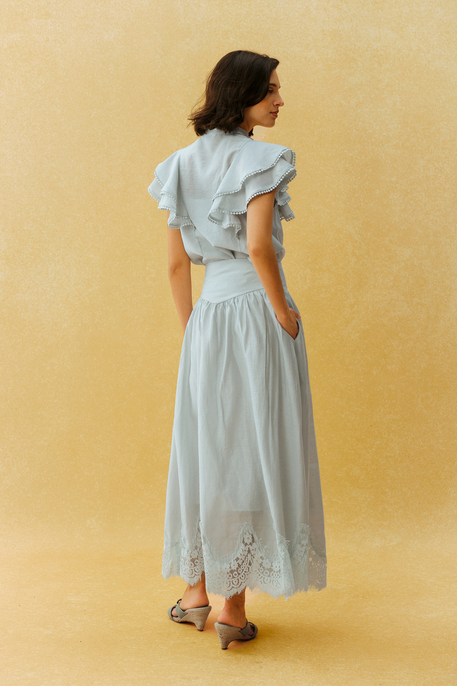 City Romance Blue Ruffle Sleeve Blouse & Lace Hem Skirt Set