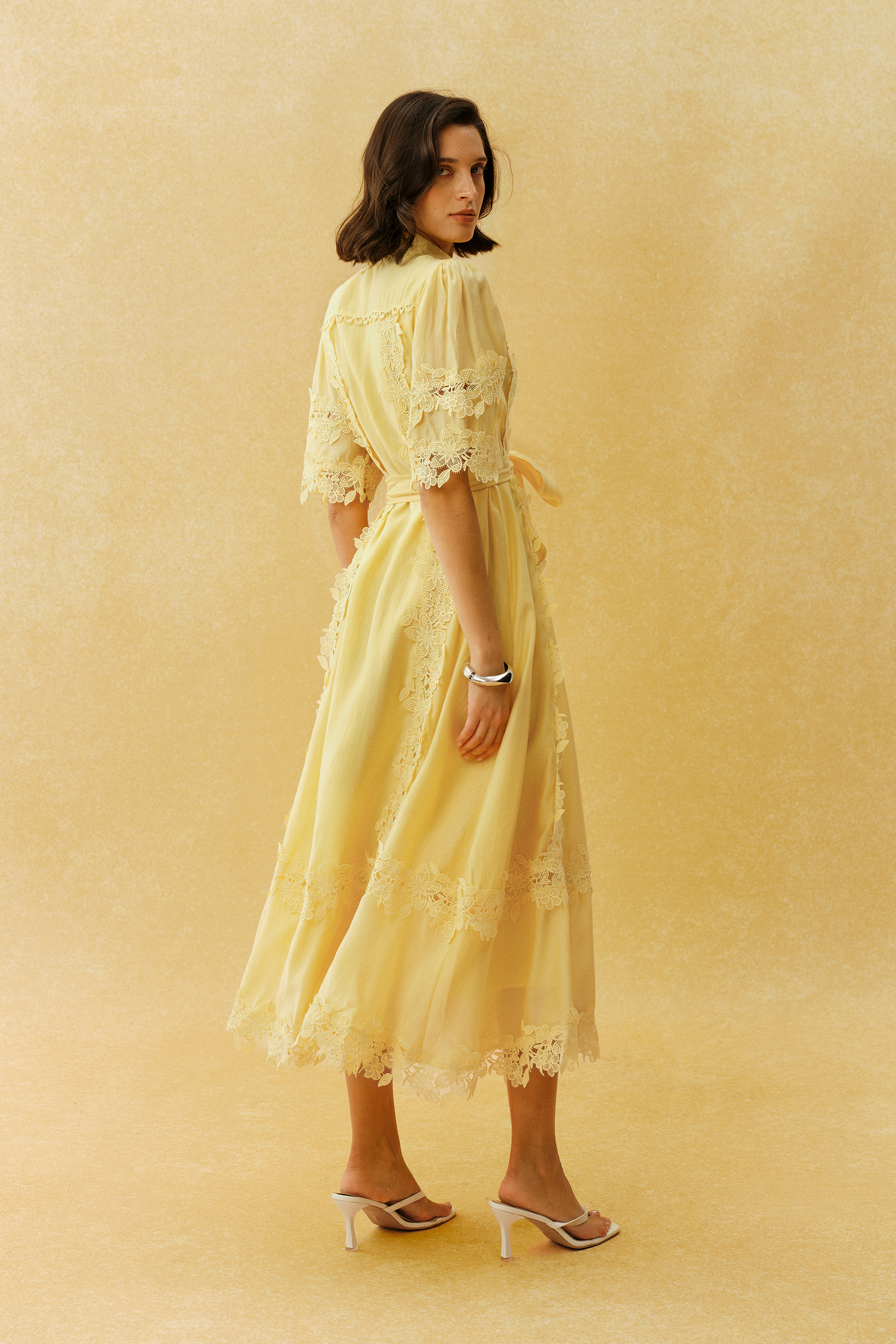 Chasing The Sun Yellow Lace Trim Short Sleeve Midi Dress
