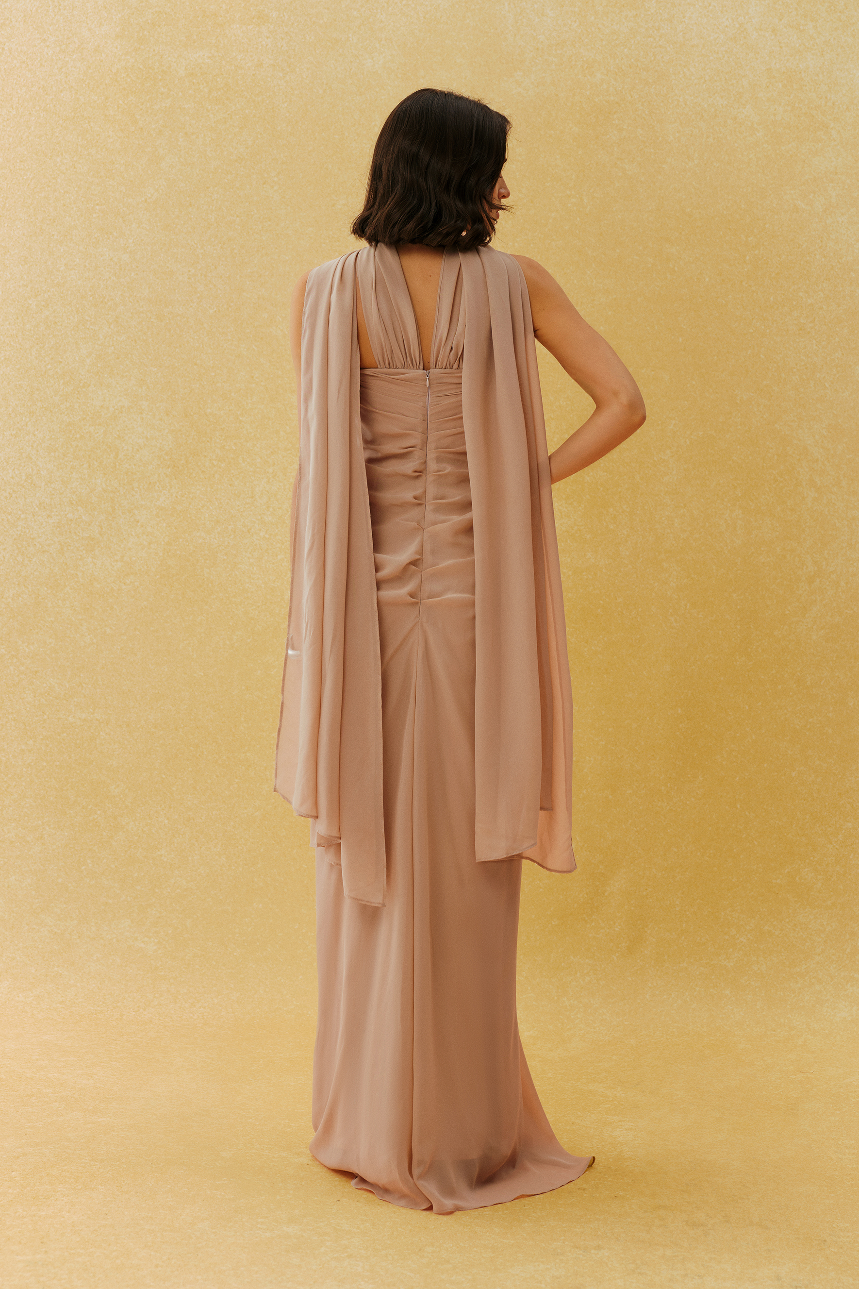She’s A Muse Khaki Strapless Maxi Dress With Scarf