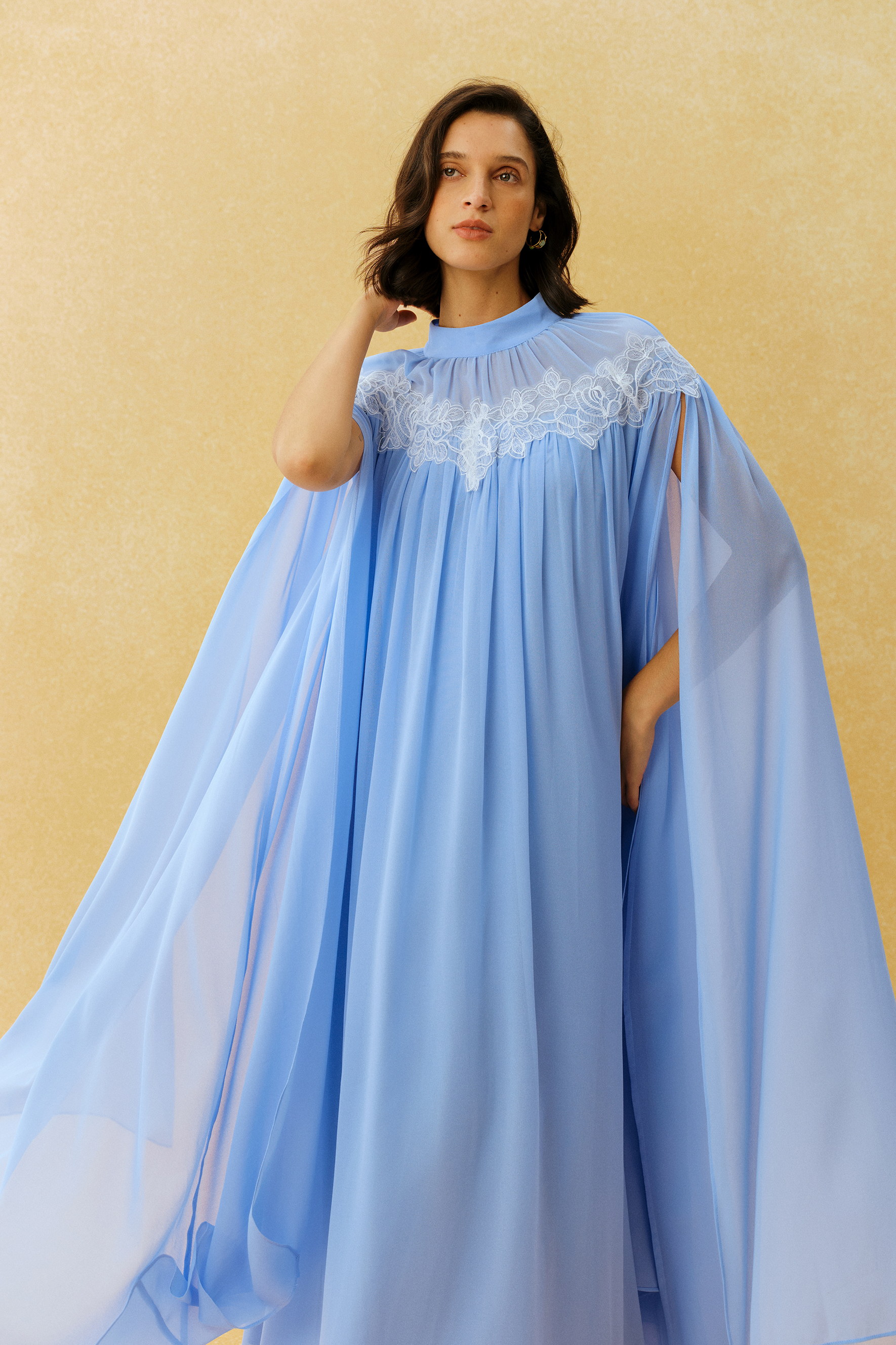 Glamorous Disposition Blue Lace Embroidery Cape Sleeve Maxi Dress