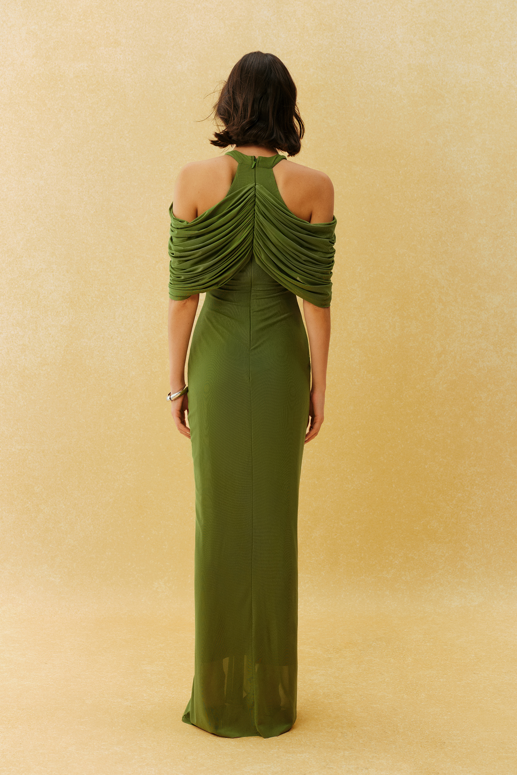 Graceful Arrival Green Draped V Neck Ruched Maxi Dress