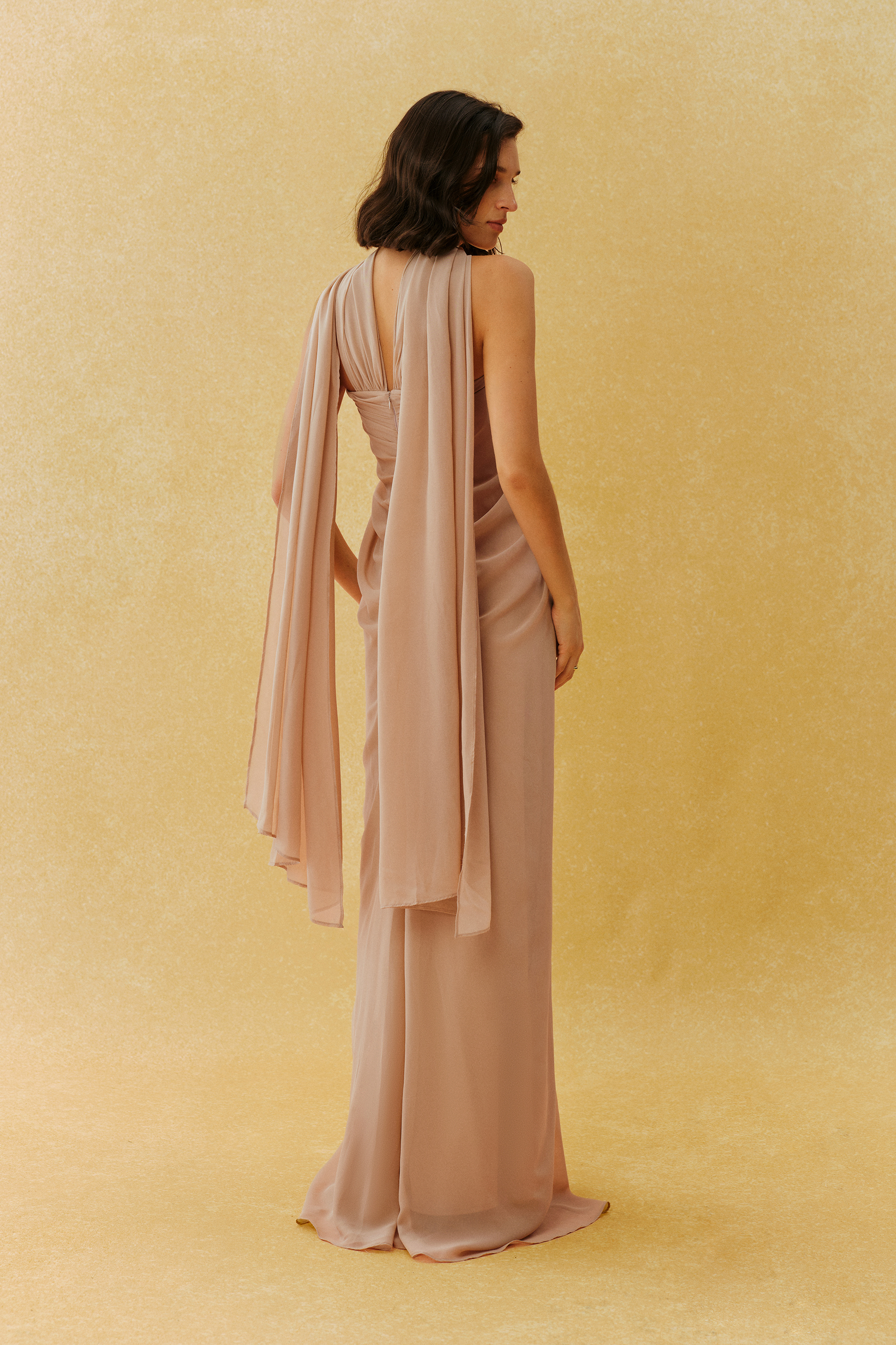 She’s A Muse Khaki Strapless Maxi Dress With Scarf