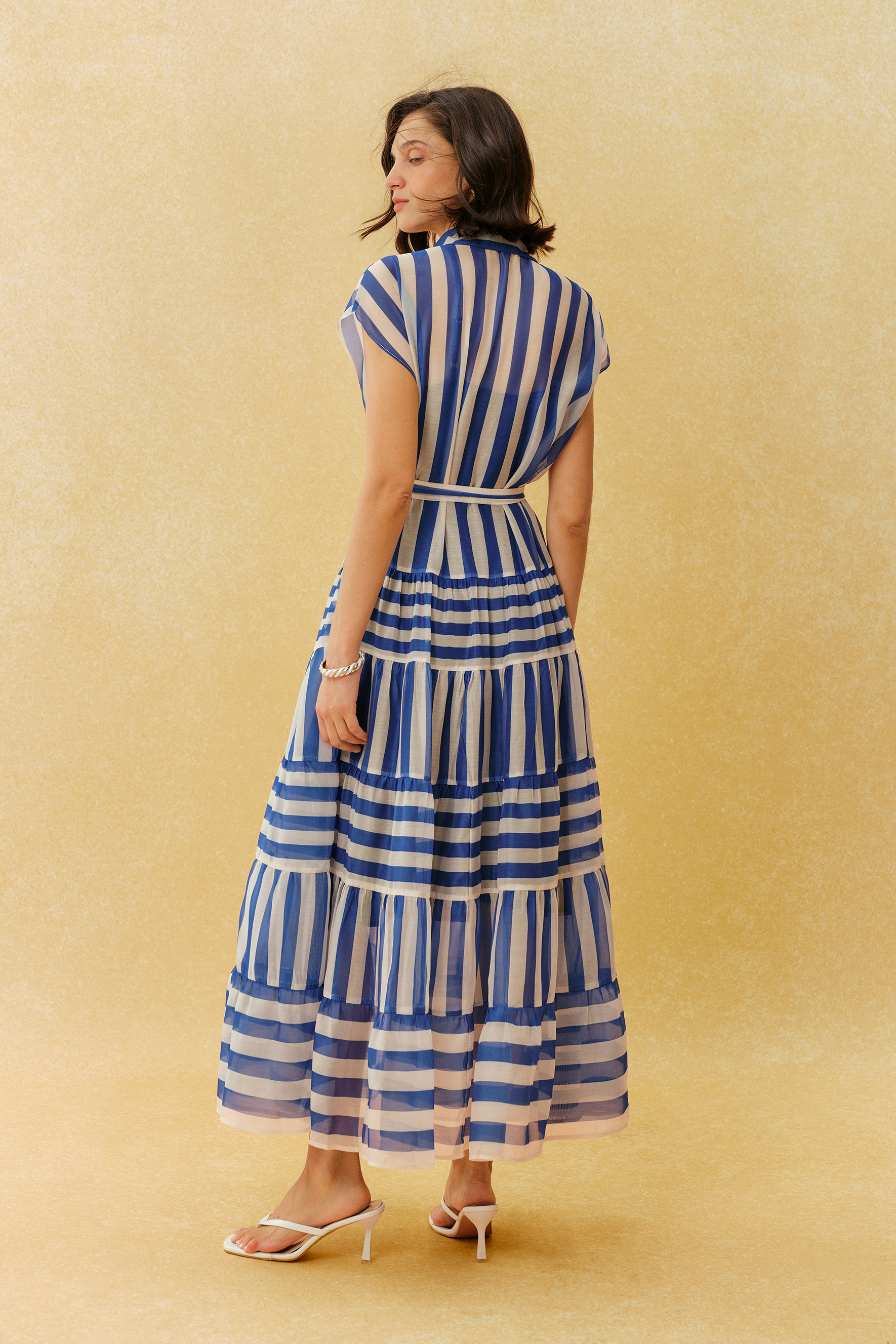 Breezy Little Secret Blue Striped Cap Sleeve Maxi Dress