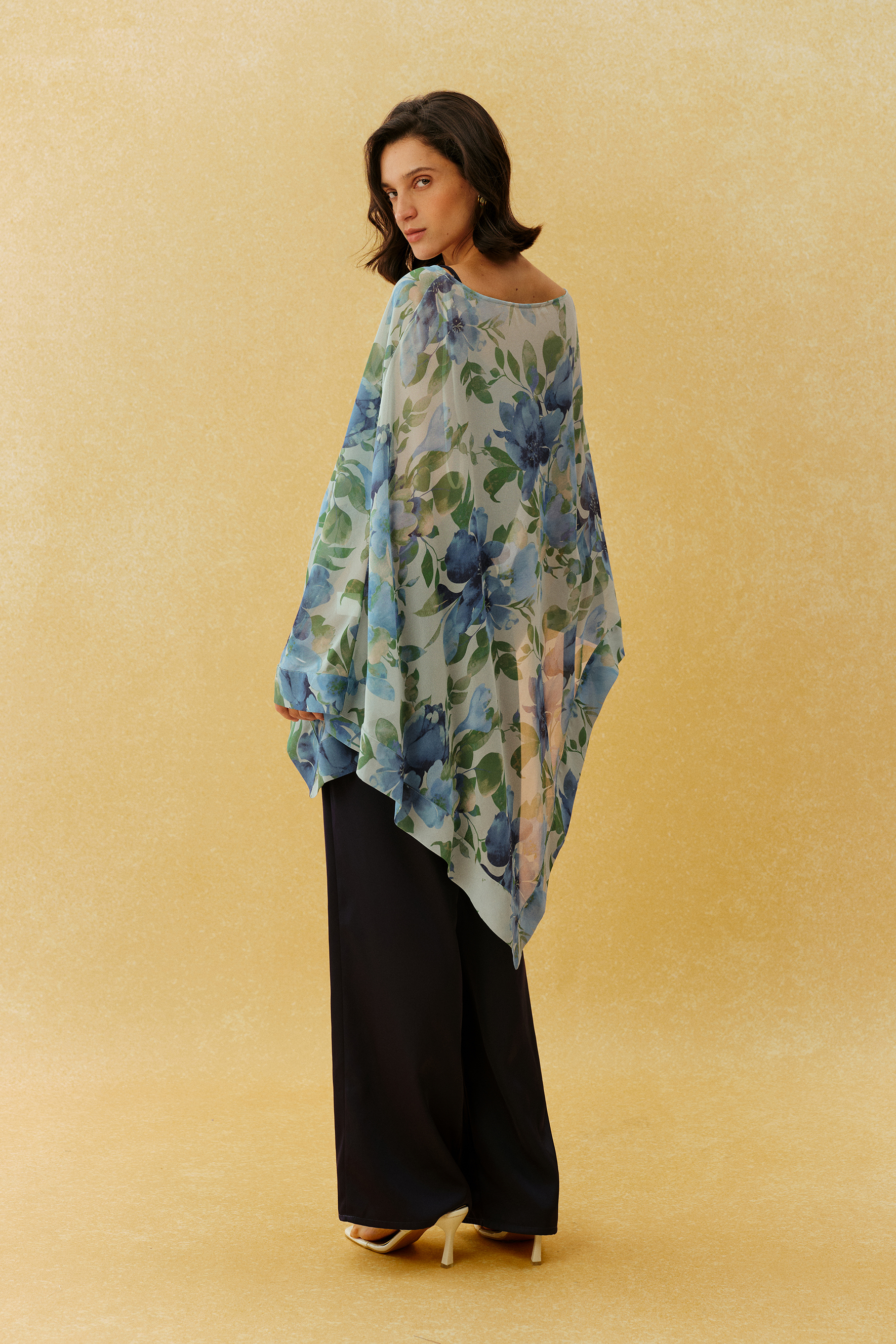 Feels Right Blue Floral Print Chiffon Cape Three Piece Set