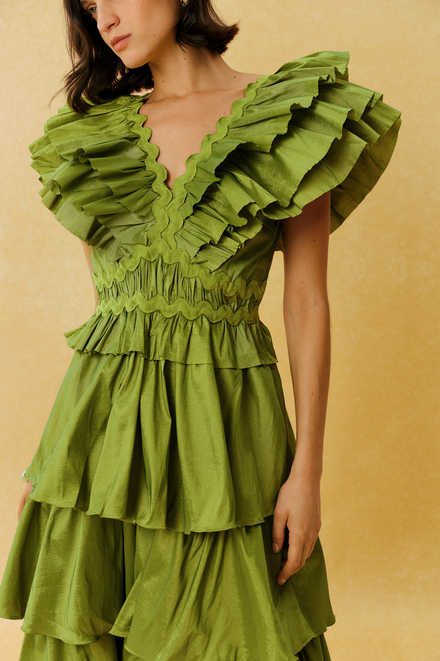 Can't Look Away Green V Neck Ruffle Sleeve Tiered Maxi Dress