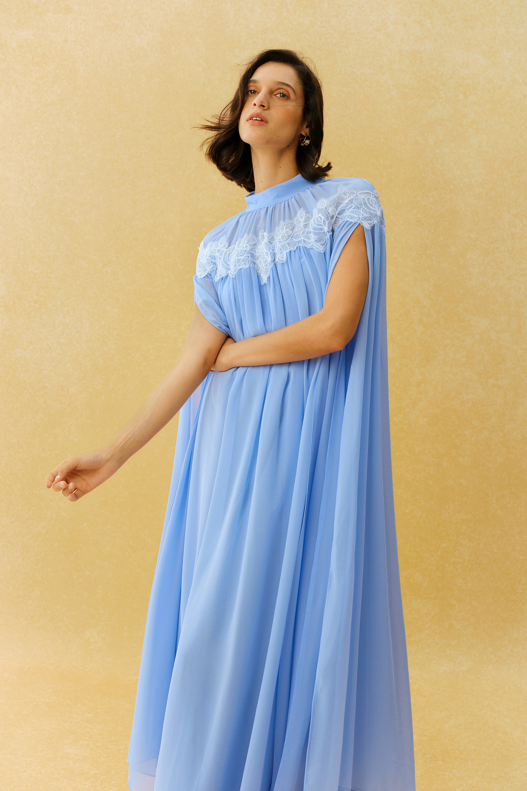 Glamorous Disposition Blue Lace Embroidery Cape Sleeve Maxi Dress