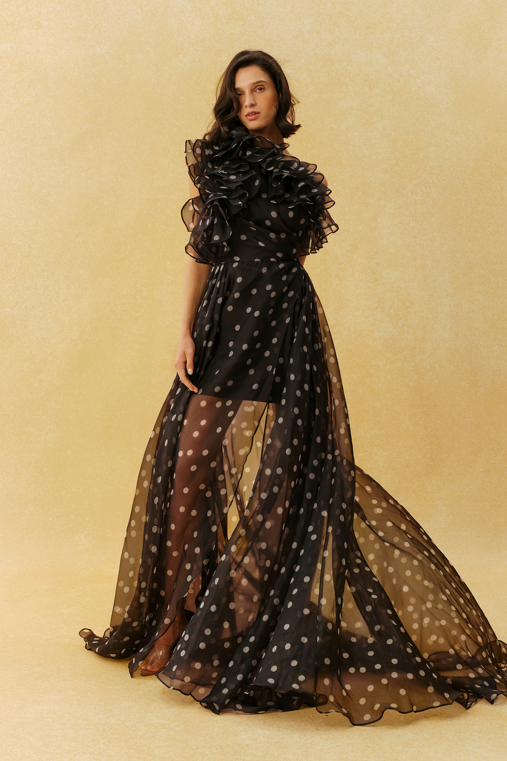 Playful Elegance Black Polka Dot Ruffle Neck Maxi Dress