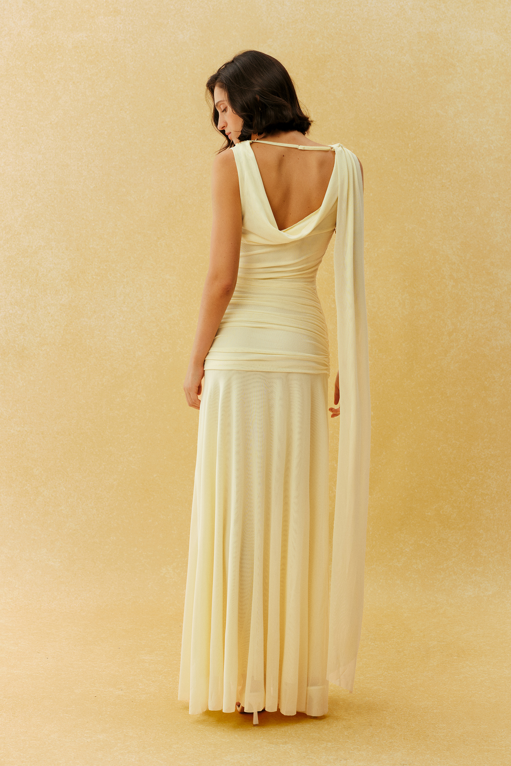 Easy Elegance Yellow Cowl Neck Tie Waist Maxi Dress