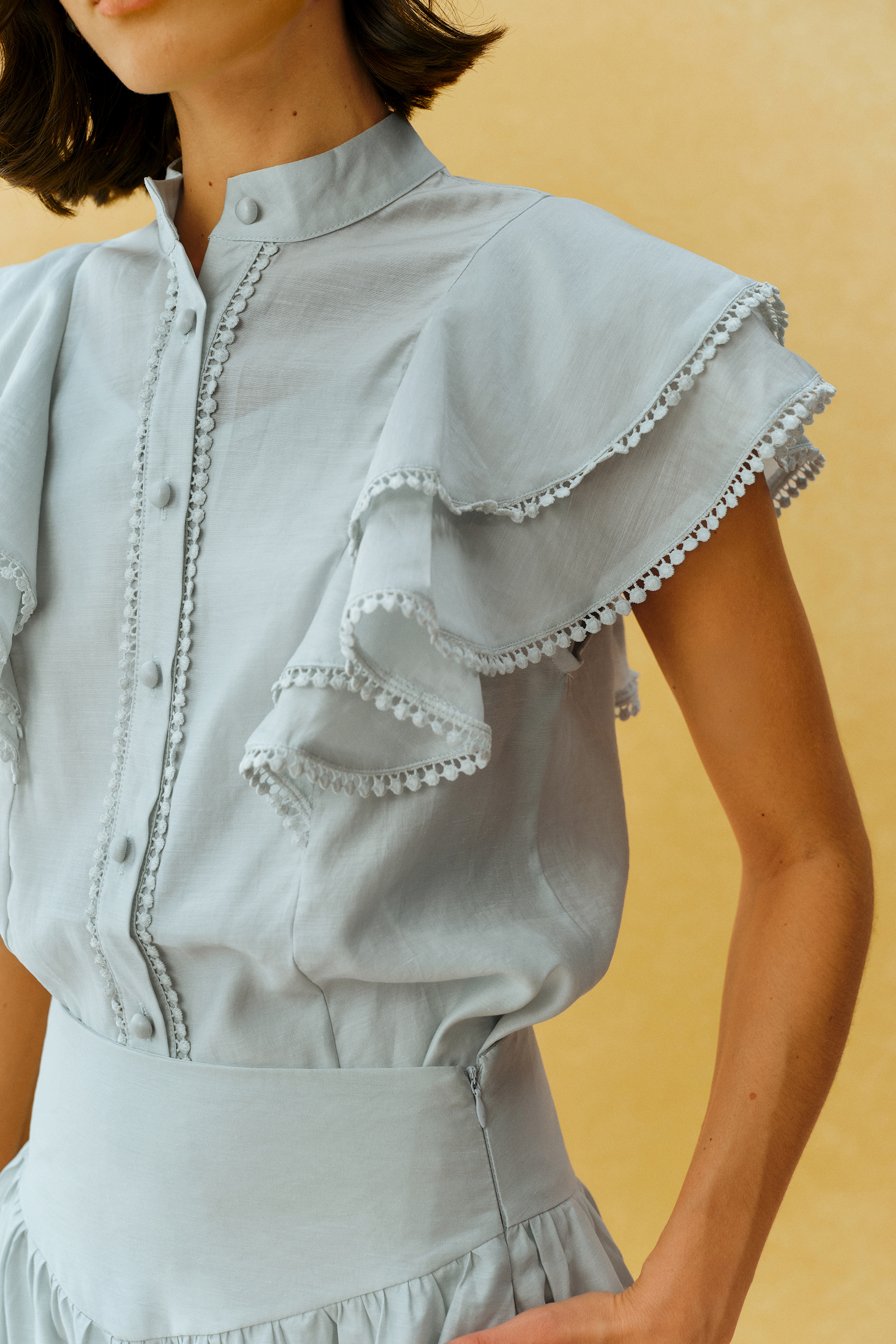 City Romance Blue Ruffle Sleeve Blouse & Lace Hem Skirt Set