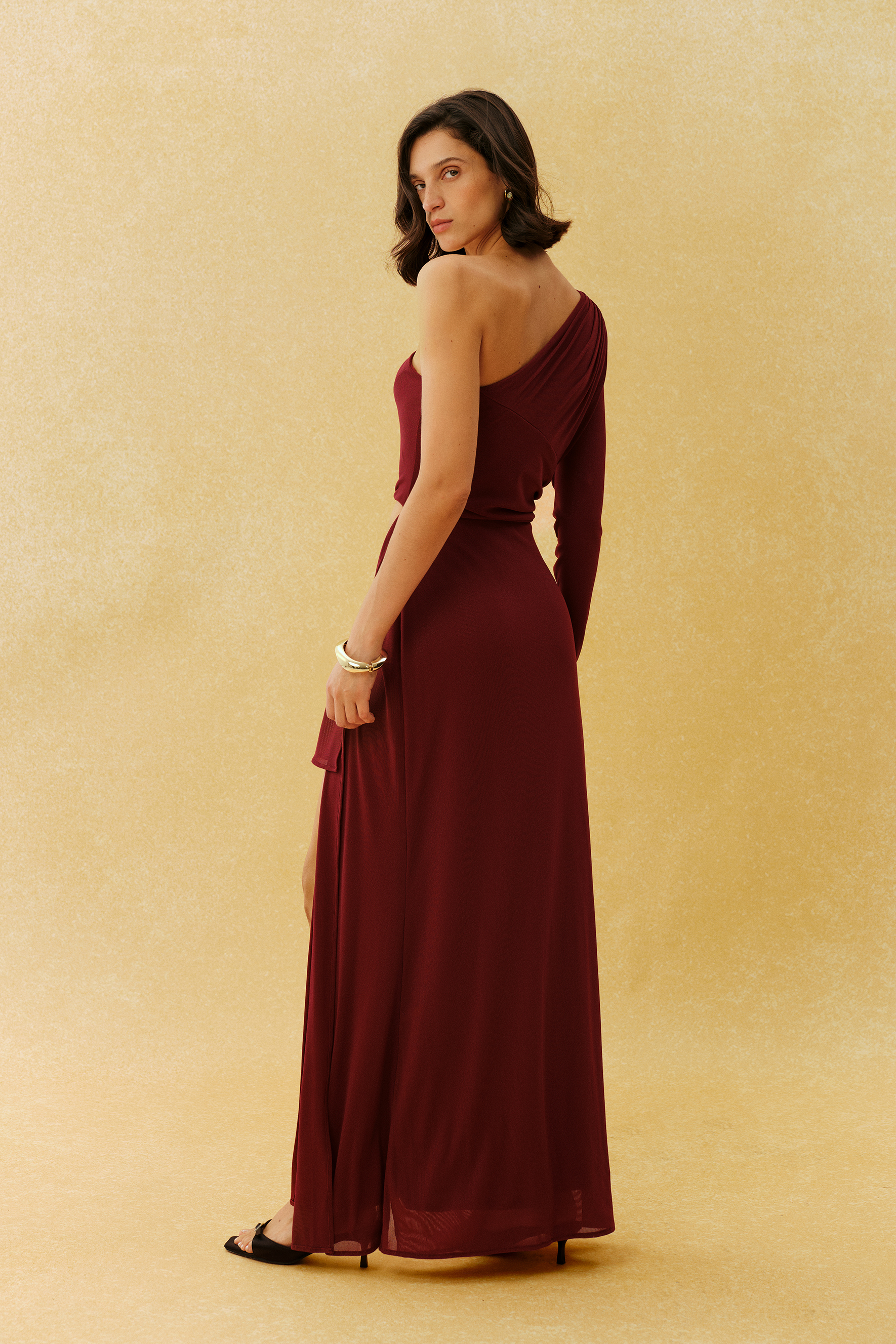 Focused Glamour Burgundy One Shoulder Cutout Metal Bead Maxi Dress