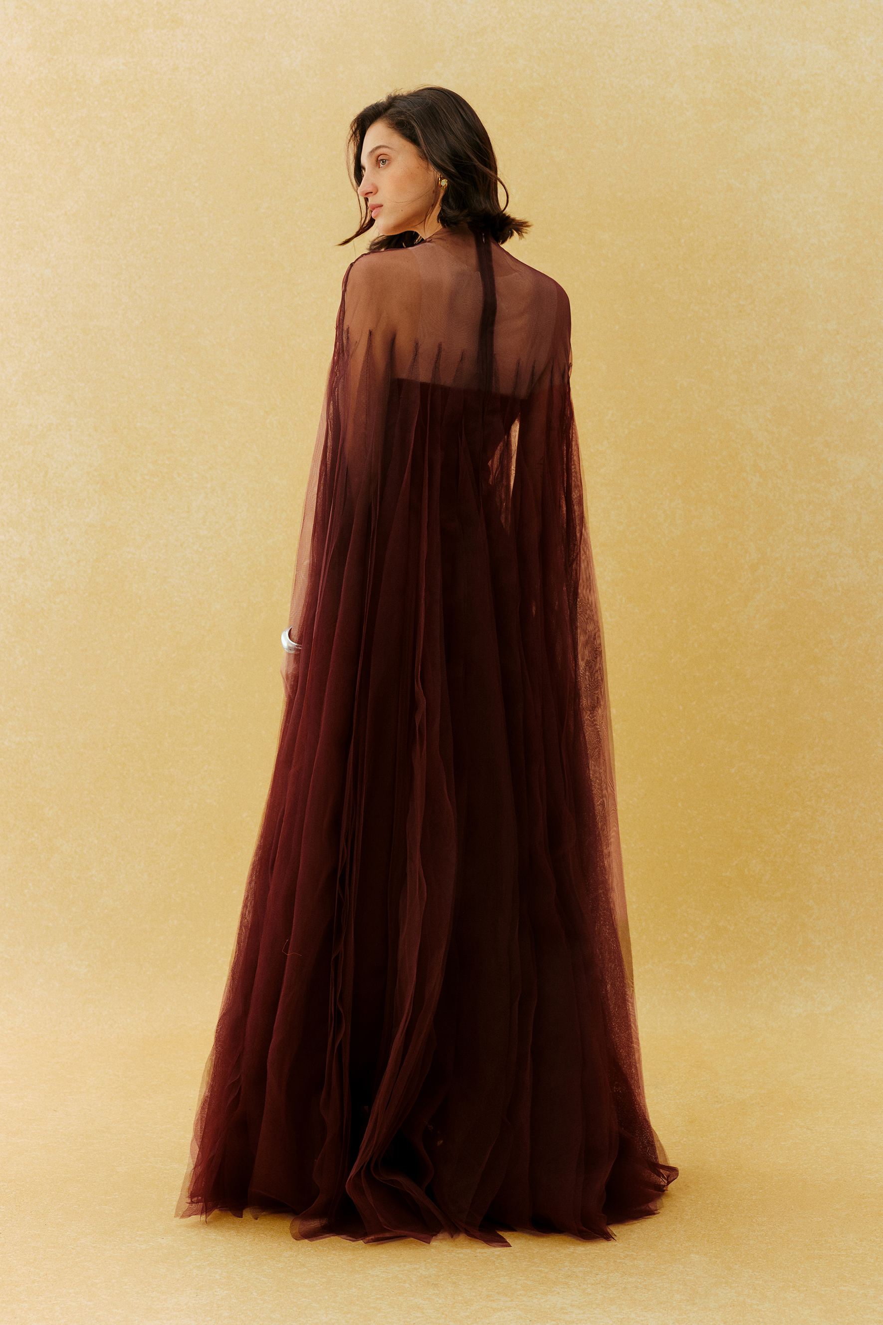 Main Character Burgundy Layered Ruffle Sheer Tulle Maxi Dress
