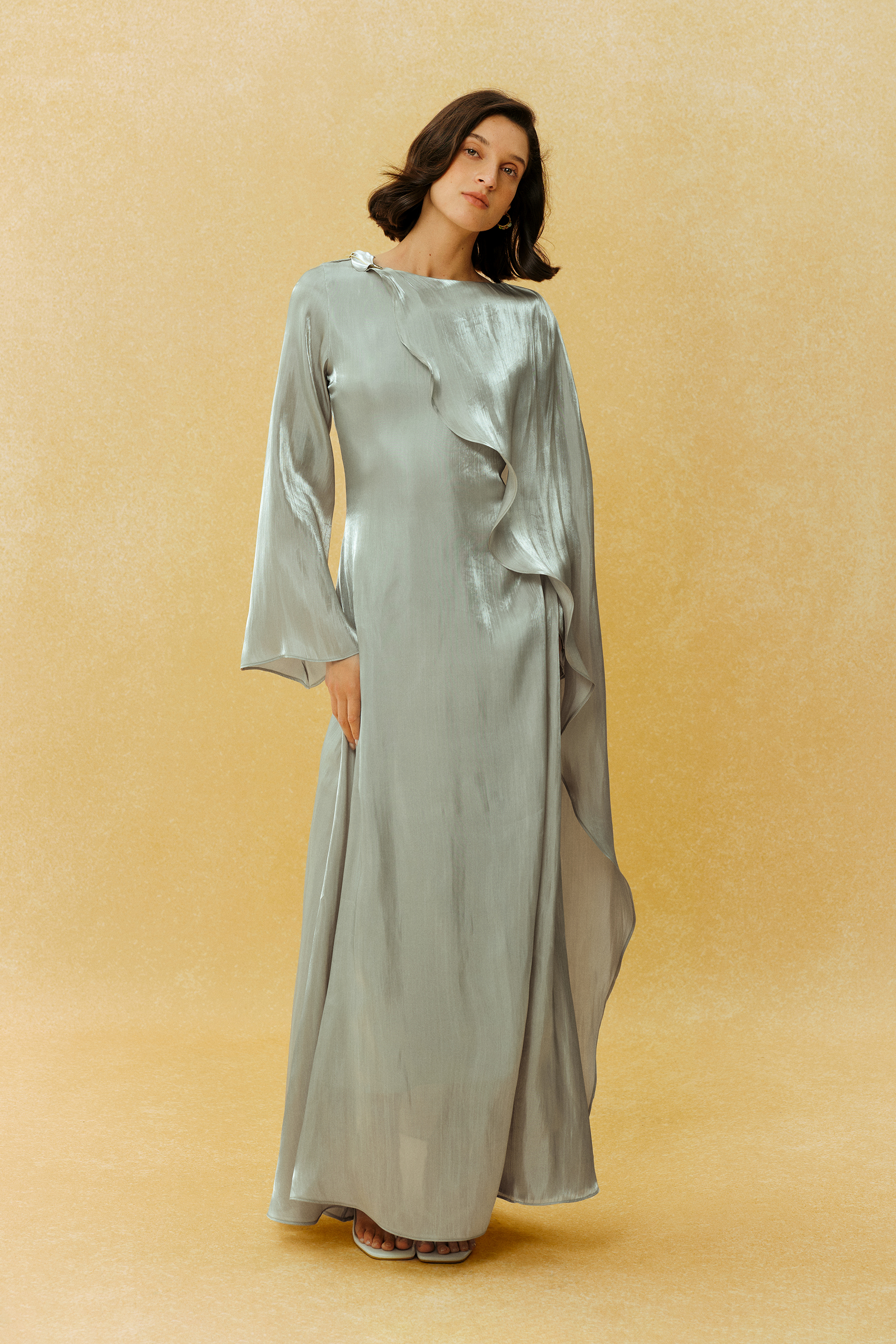 Classic Mood Grey Irregular Draped Long Sleeve Maxi Dress