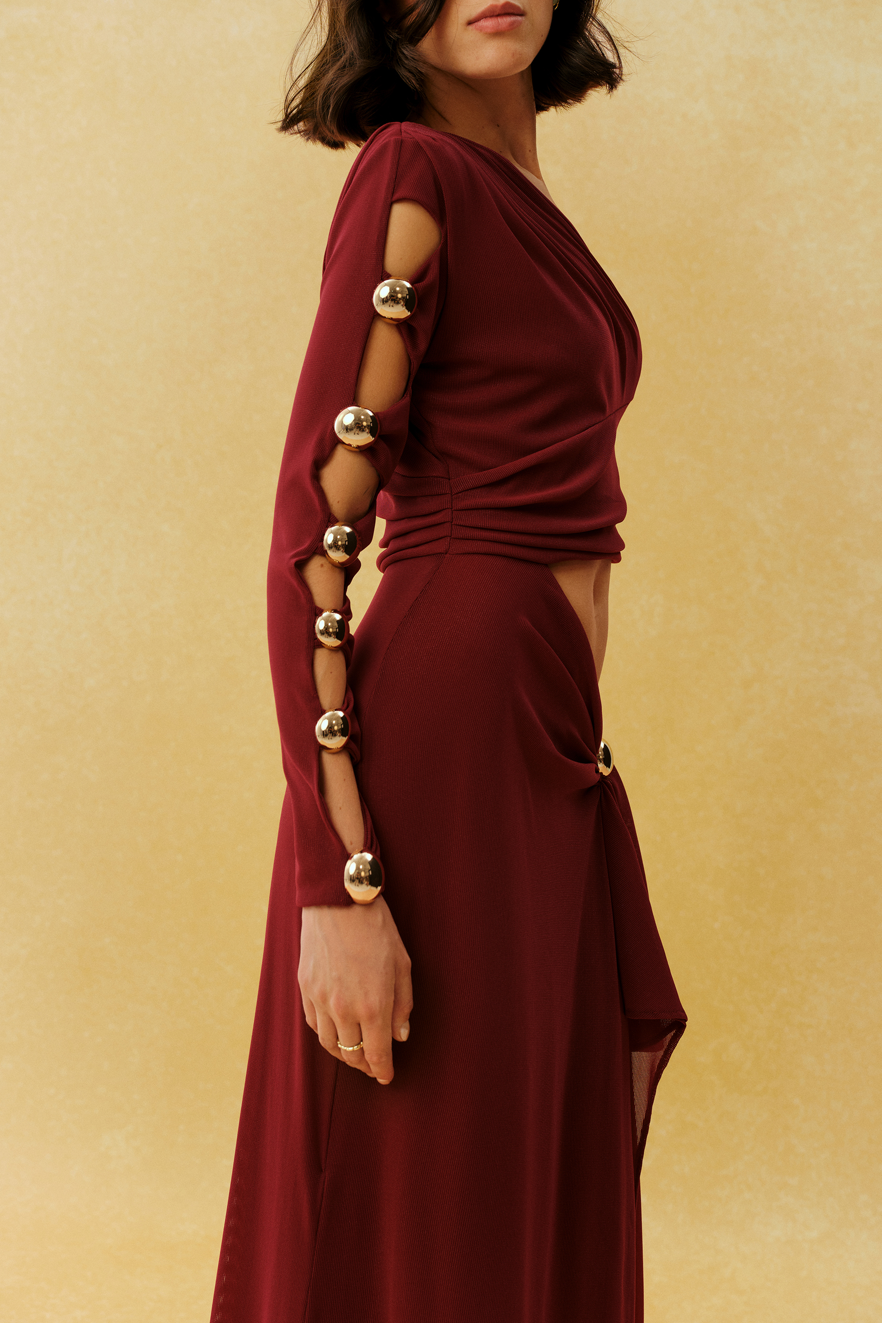 Focused Glamour Burgundy One Shoulder Cutout Metal Bead Maxi Dress