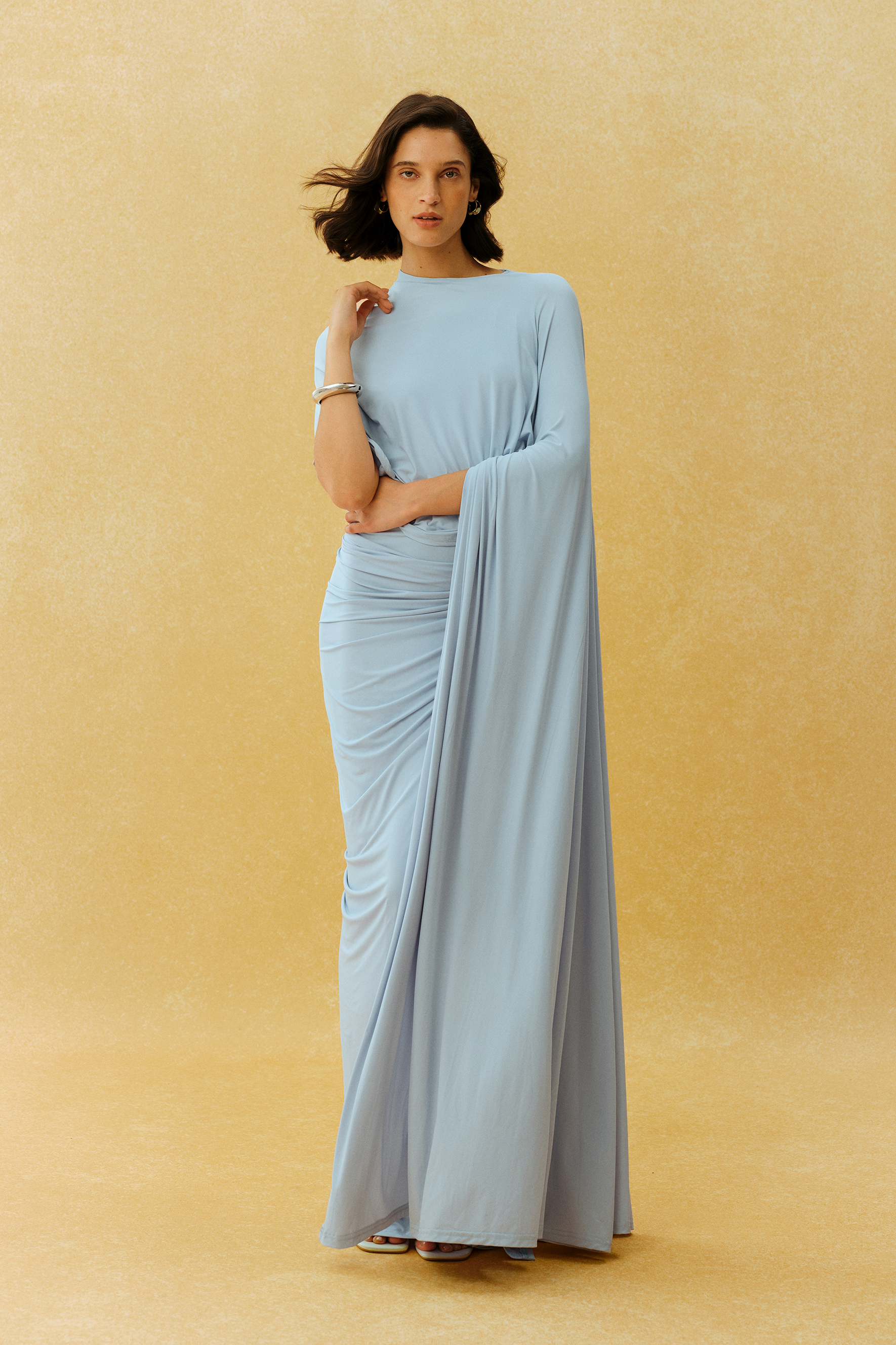 Stealing The Show Blue Asymmetric Cape Sleeve Ruched Maxi Dress