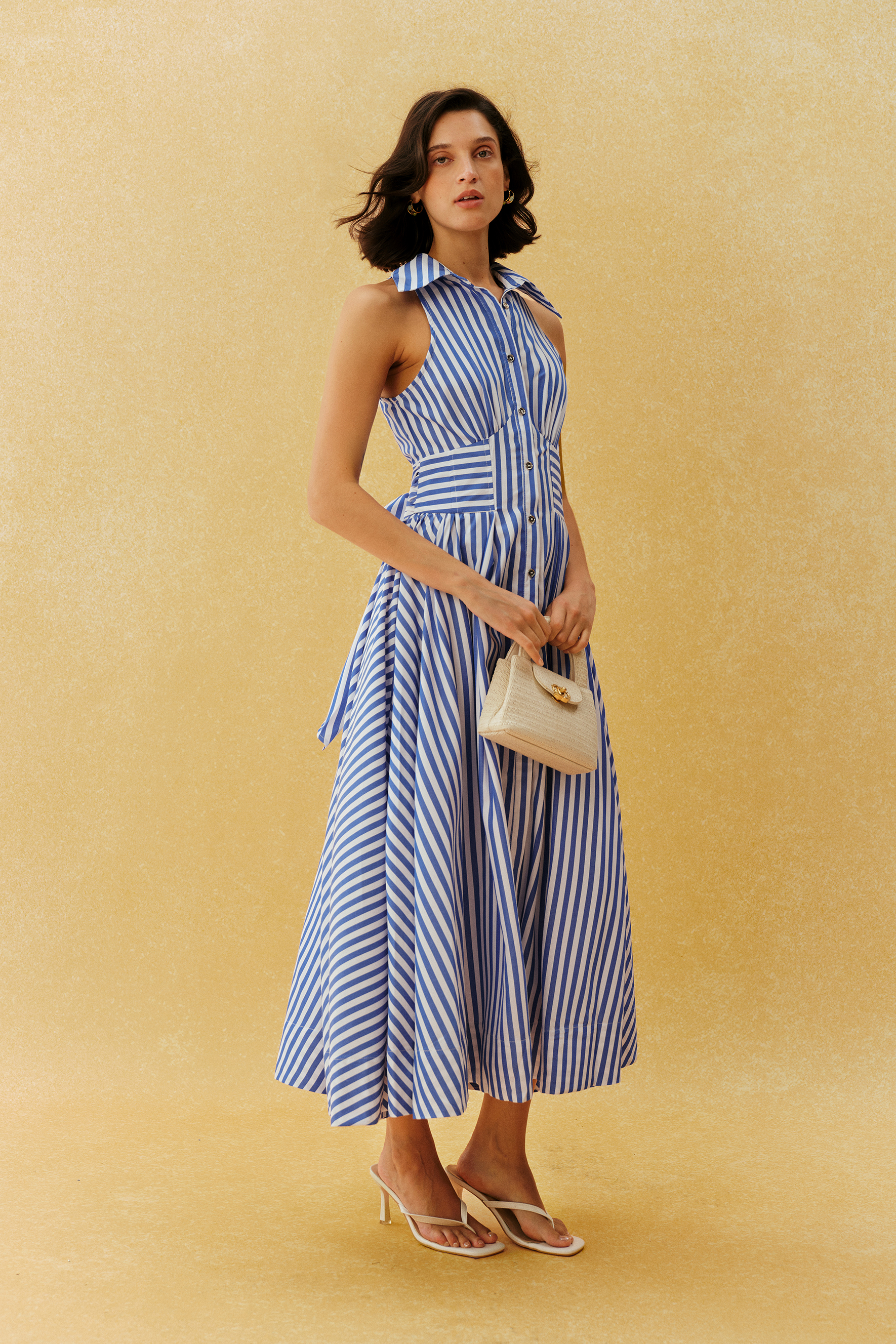 Favourite Girl Blue Striped Collar Sleeveless Maxi Dress