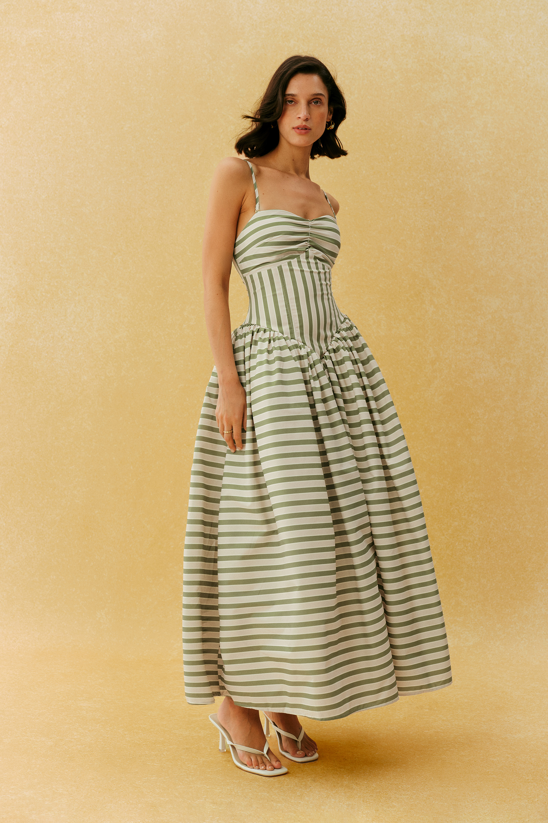 Adorable Impression Beige Stripe Spaghetti Strap Maxi Dress With Headscarf