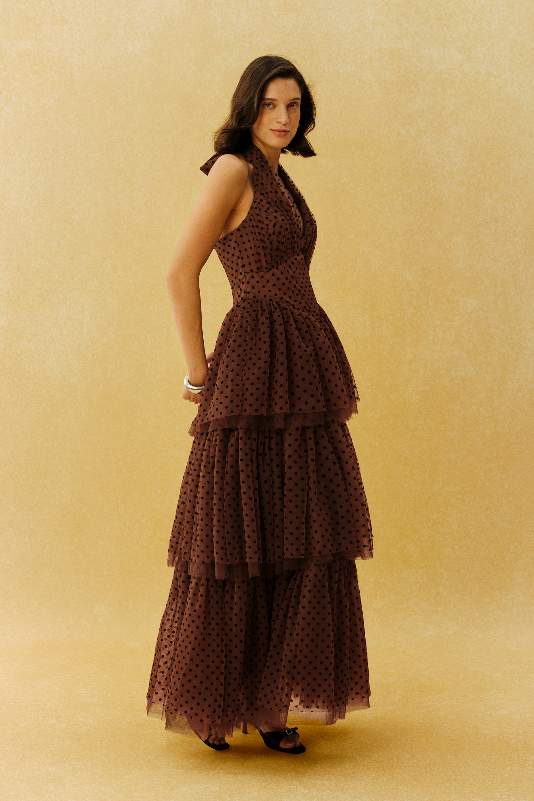 Lasting Allure Brown Polka Dot Halter Neck Tulle Maxi Dress