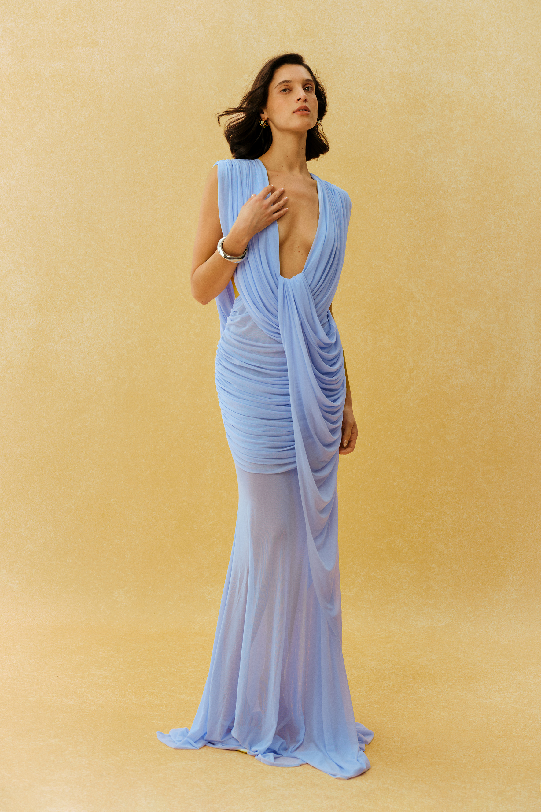 Born A Goddess Blue Deep V Sleeveless Draped Maxi Dress