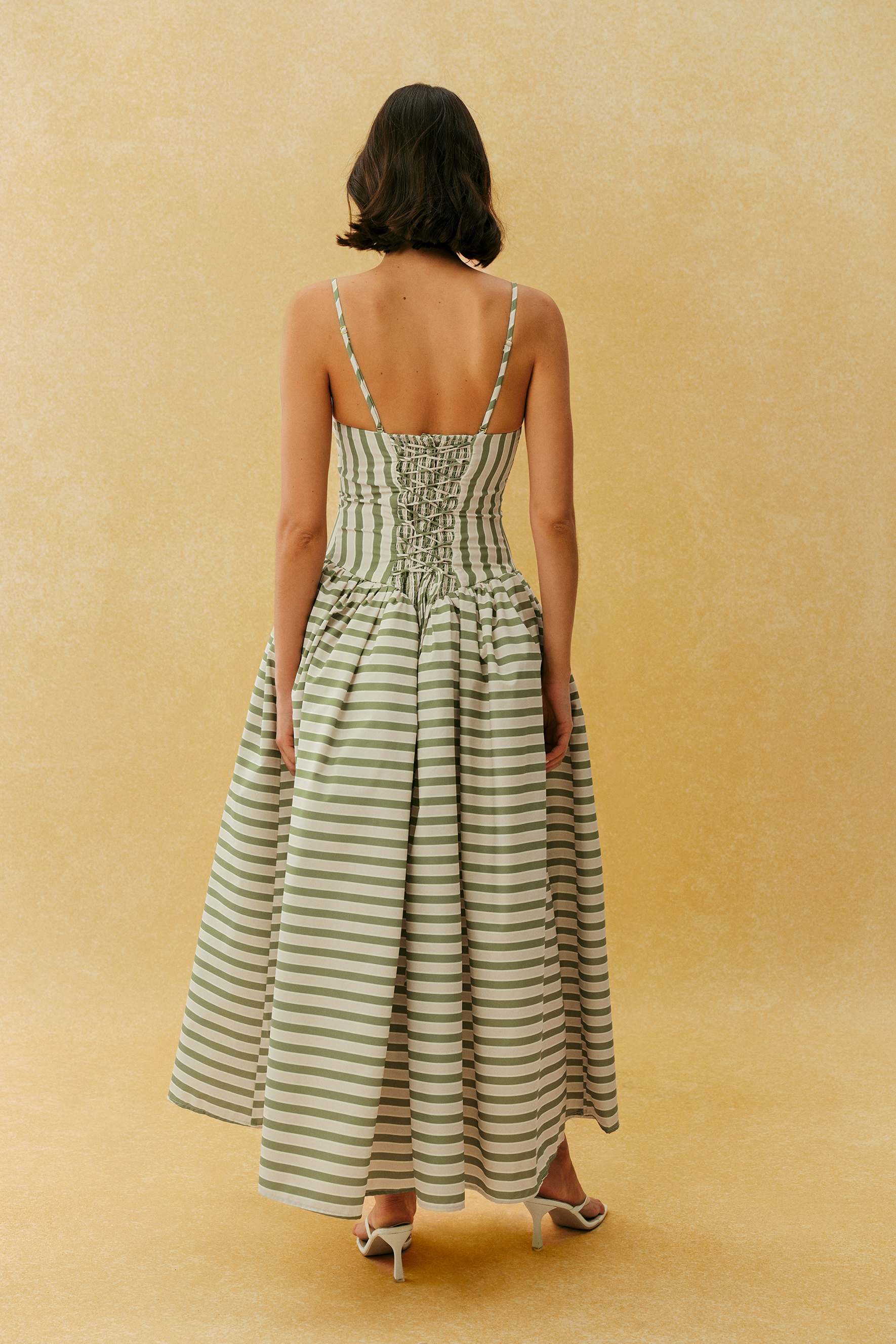 Adorable Impression Beige Stripe Spaghetti Strap Maxi Dress With Headscarf