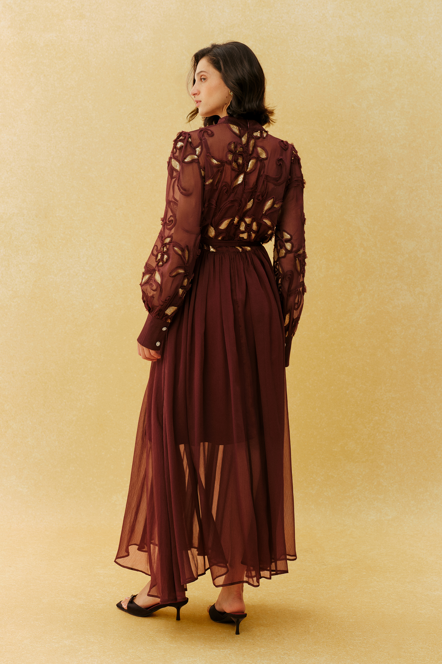 Autumn Affair Burgundy Floral Embroidery Long Sleeve Maxi Dress