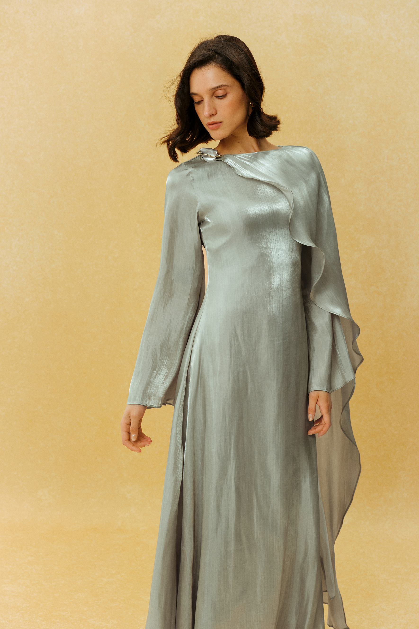Classic Mood Grey Irregular Draped Long Sleeve Maxi Dress