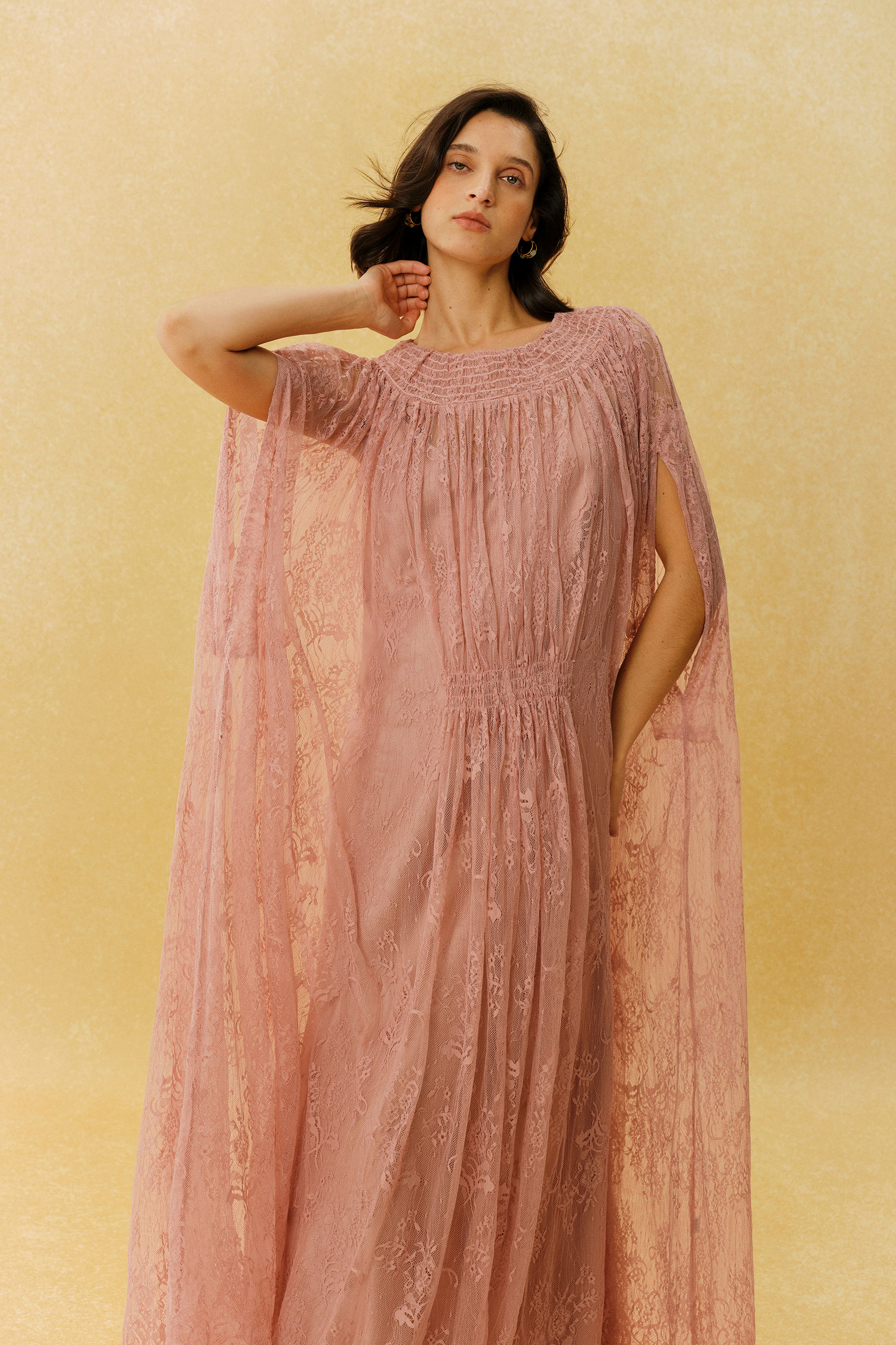 Can't Look Away Pink Floral Lace Cape Sleeve Maxi Dress