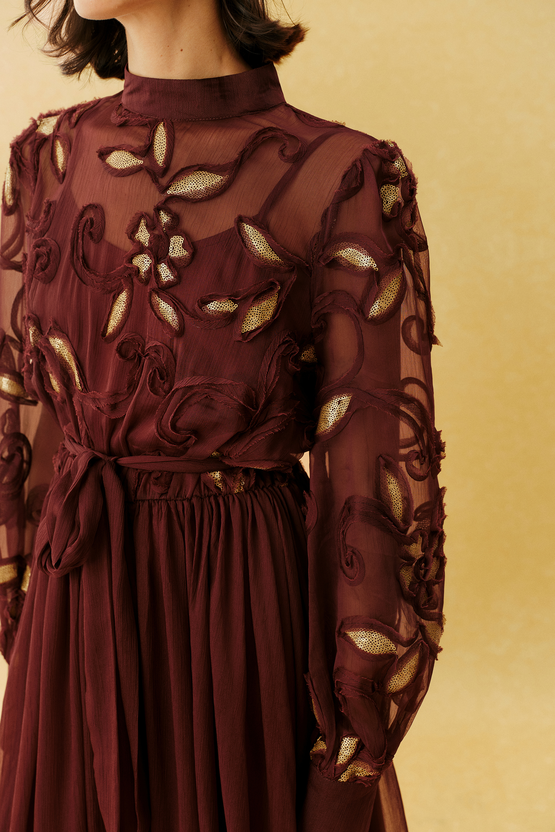 Autumn Affair Burgundy Floral Embroidery Long Sleeve Maxi Dress