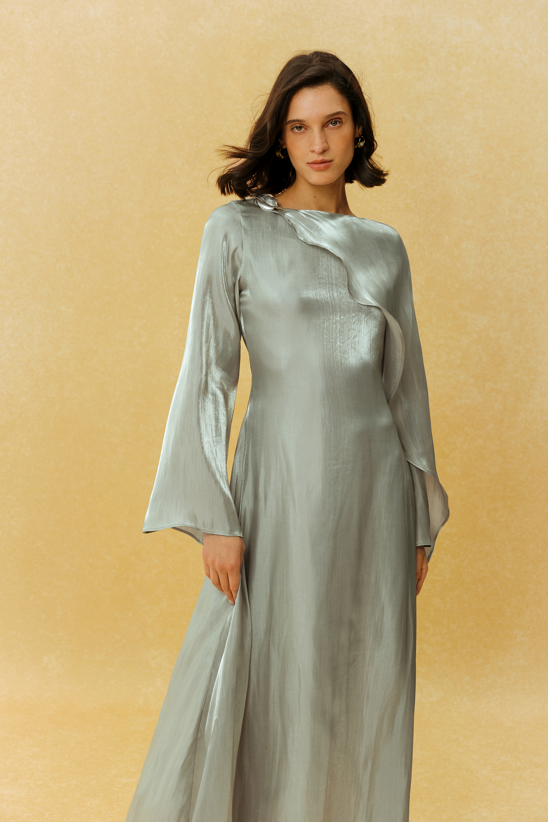 Classic Mood Grey Irregular Draped Long Sleeve Maxi Dress