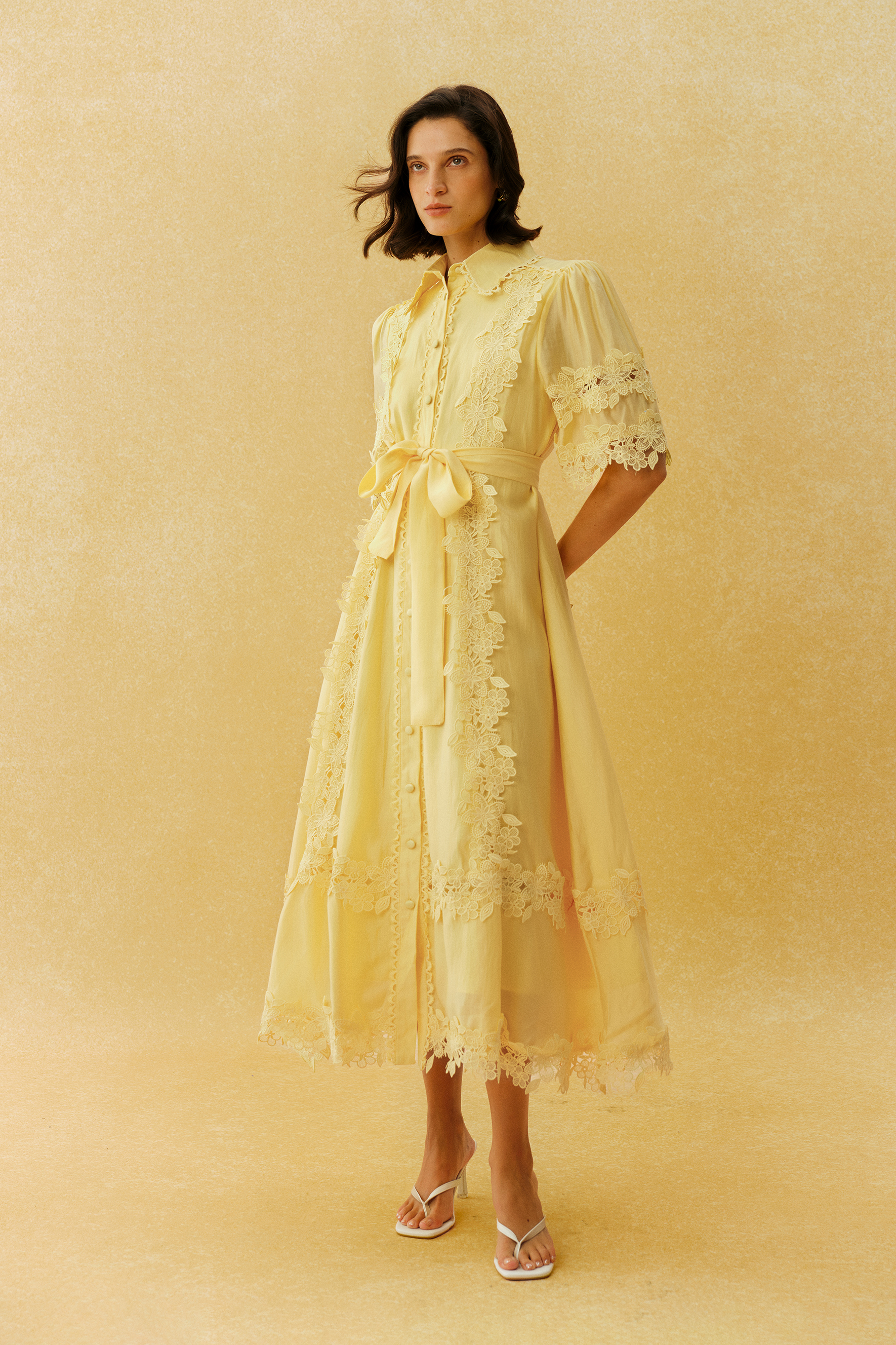 Chasing The Sun Yellow Lace Trim Short Sleeve Midi Dress