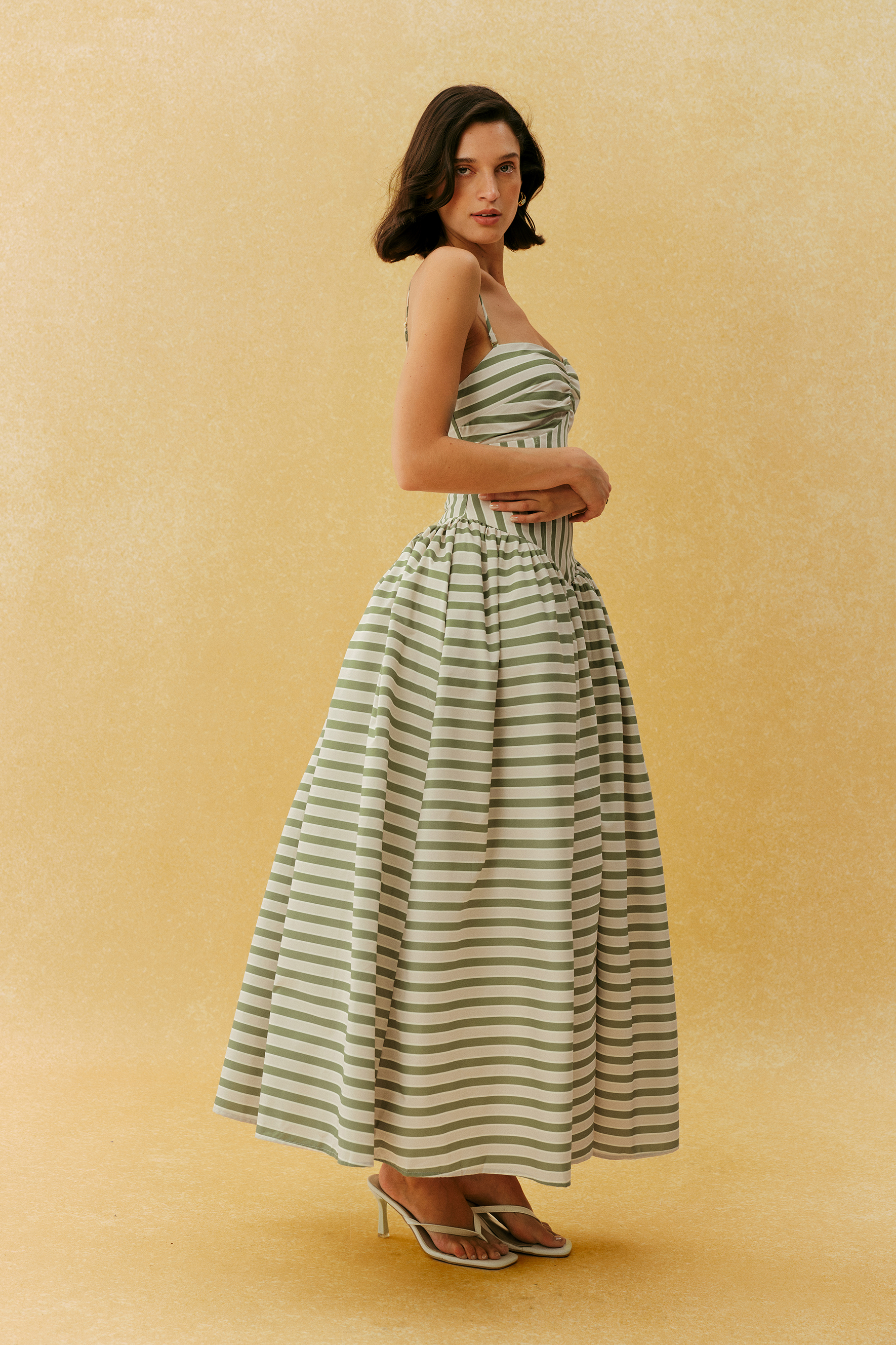 Adorable Impression Beige Stripe Spaghetti Strap Maxi Dress With Headscarf