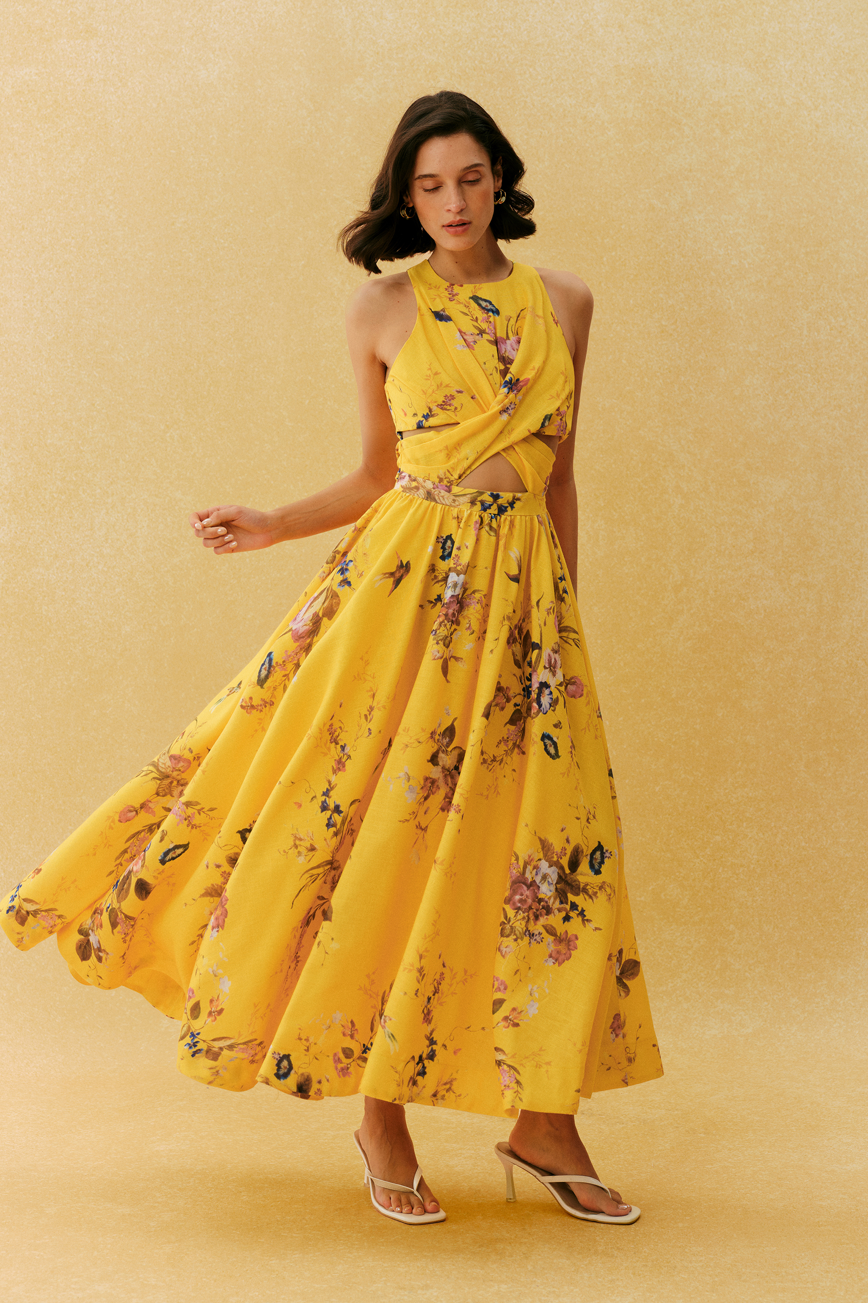 Holiday Mood Yellow Floral Print Cutout Maxi Dress