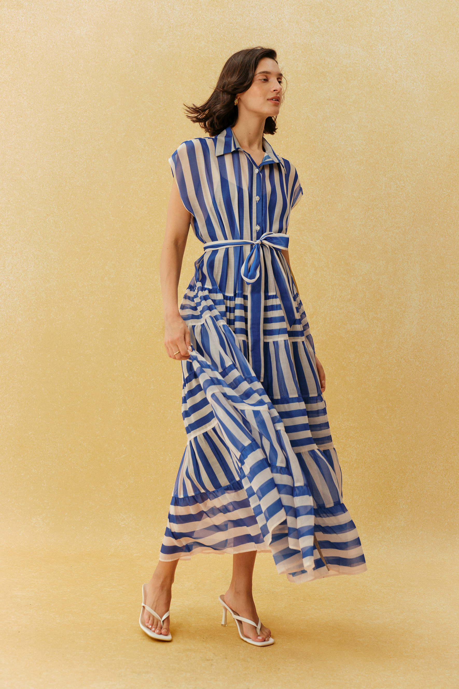 Breezy Little Secret Blue Striped Cap Sleeve Maxi Dress