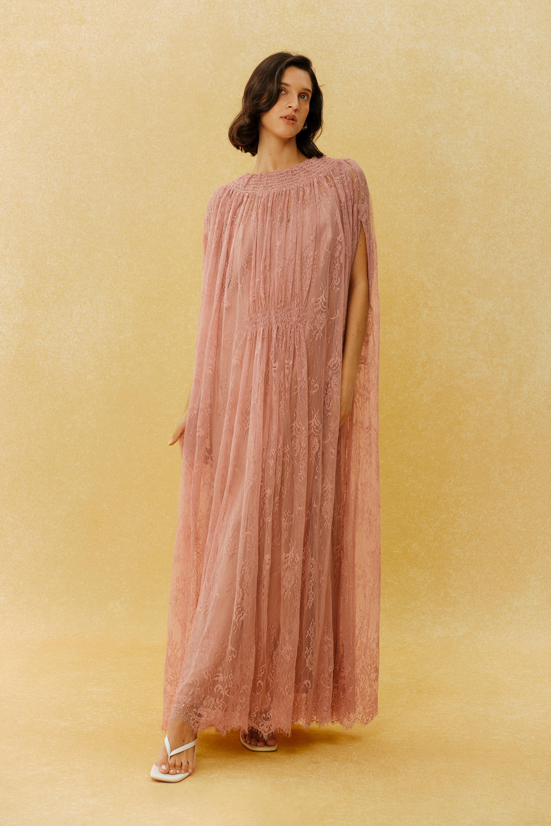 Can't Look Away Pink Floral Lace Cape Sleeve Maxi Dress