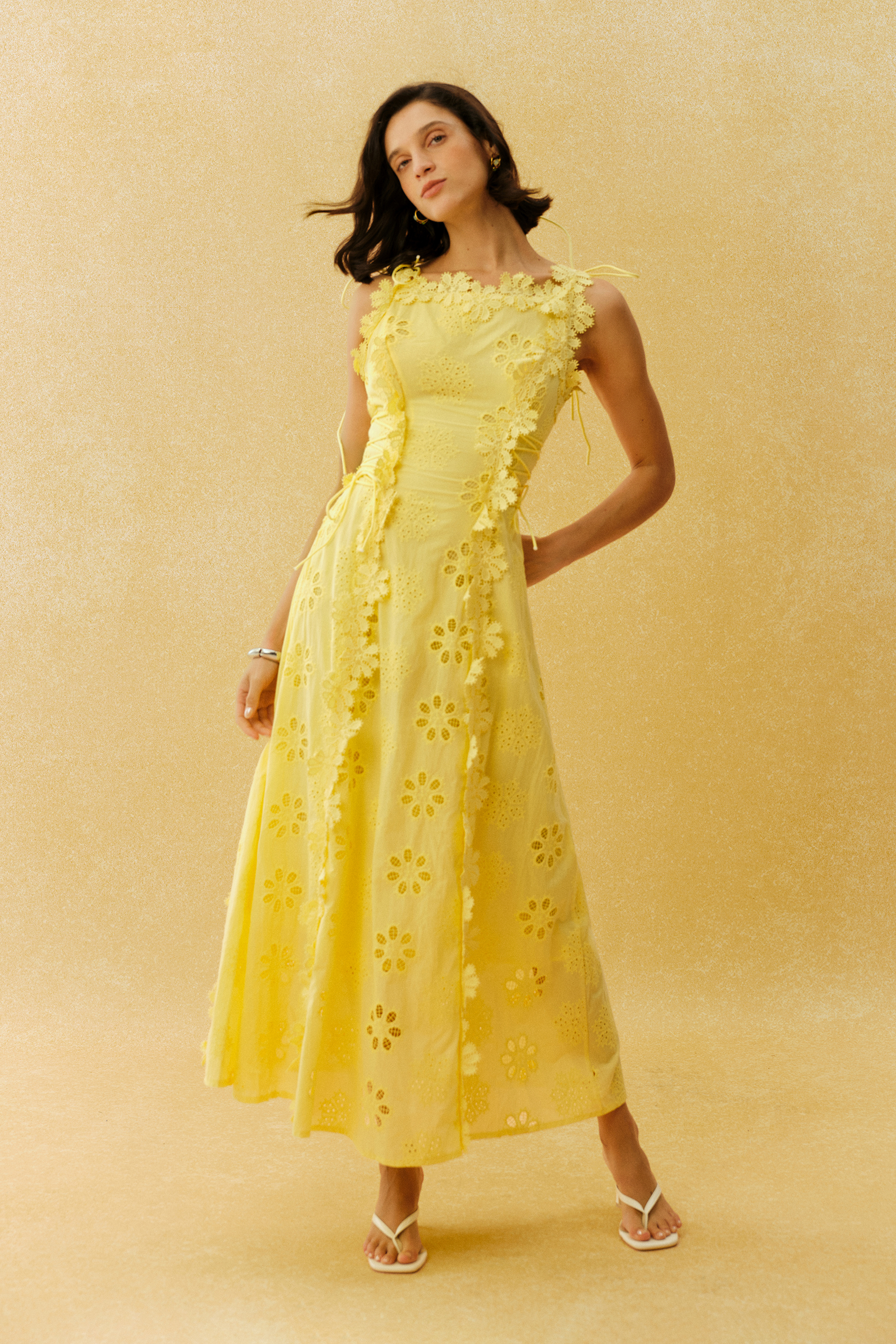 Runaway Darling Yellow Floral Embroidery Tie Strap Maxi Dress