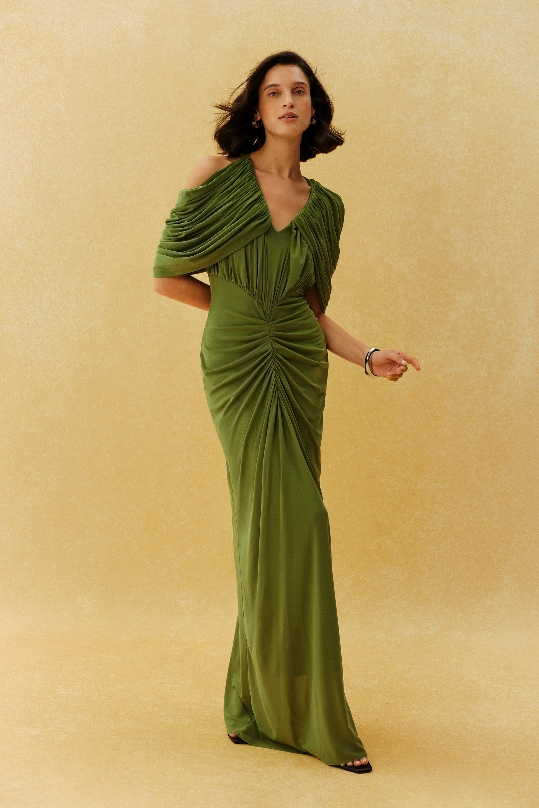 Graceful Arrival Green Draped V Neck Ruched Maxi Dress