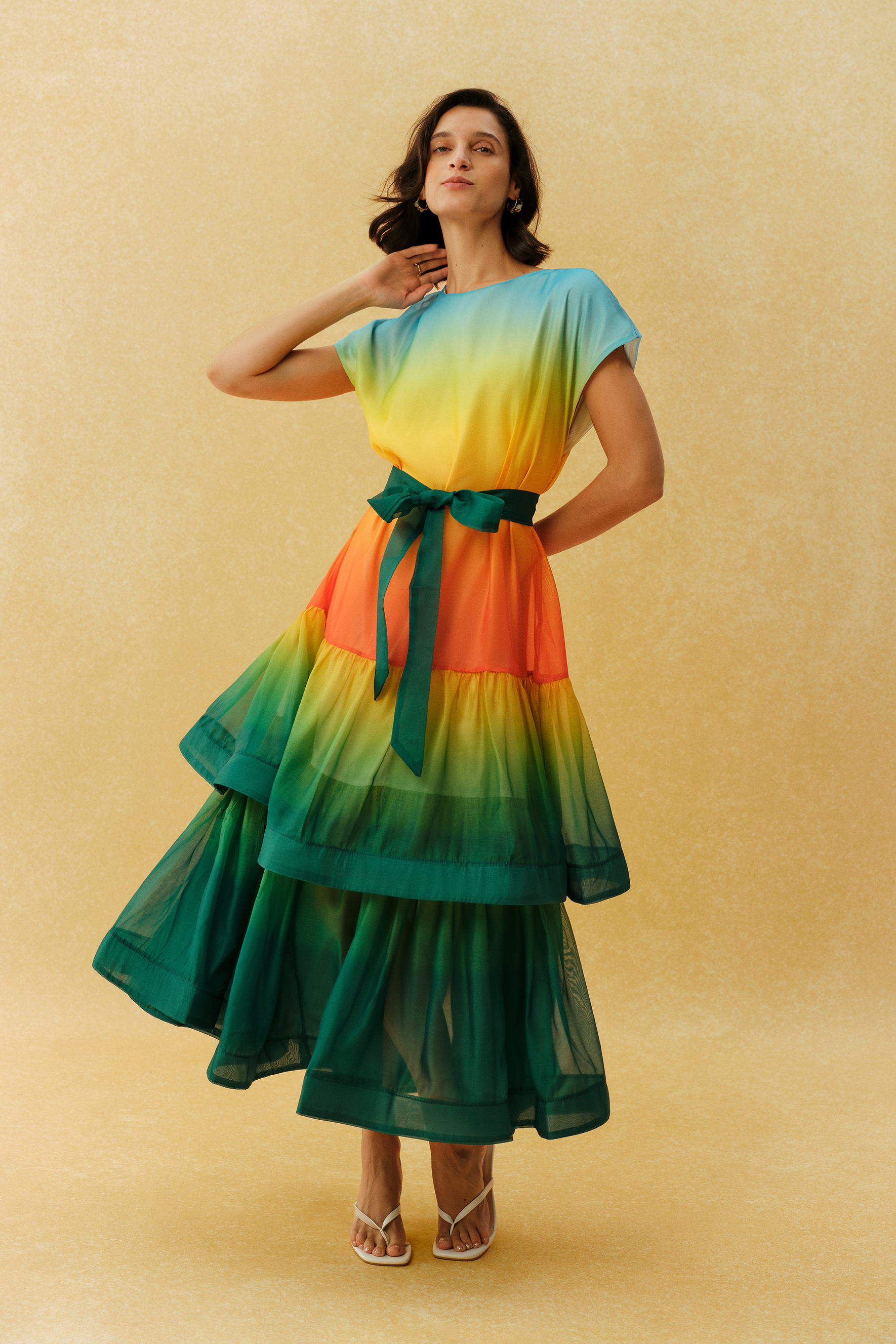 Authentically Yours Multi Gradient Cap Sleeve Tiered Maxi Dress