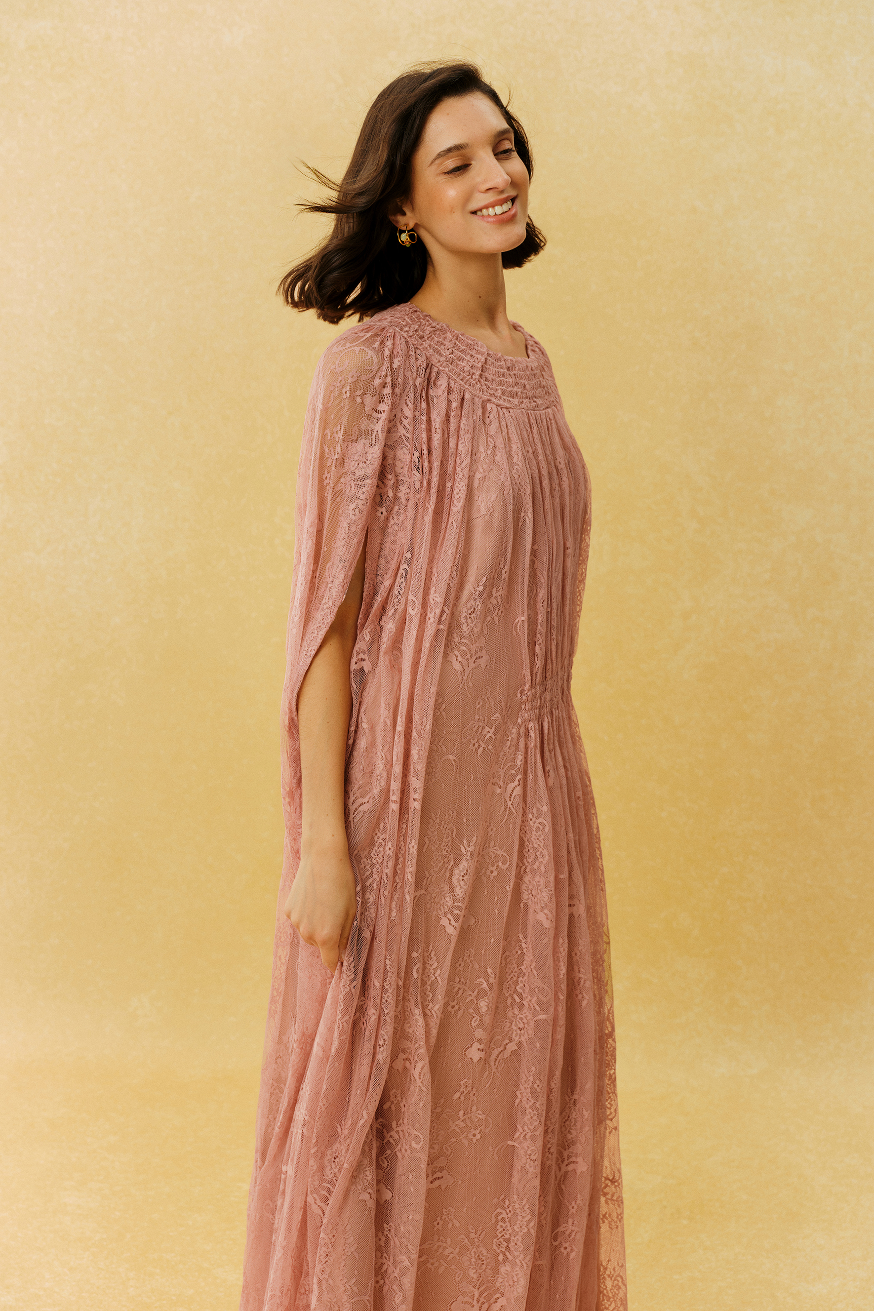 Can't Look Away Pink Floral Lace Cape Sleeve Maxi Dress