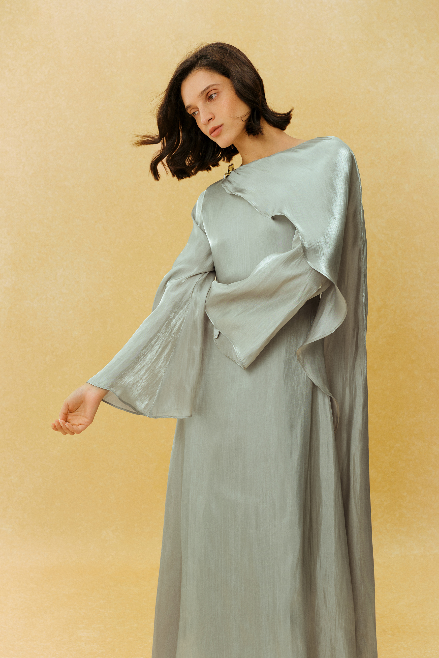 Classic Mood Grey Irregular Draped Long Sleeve Maxi Dress