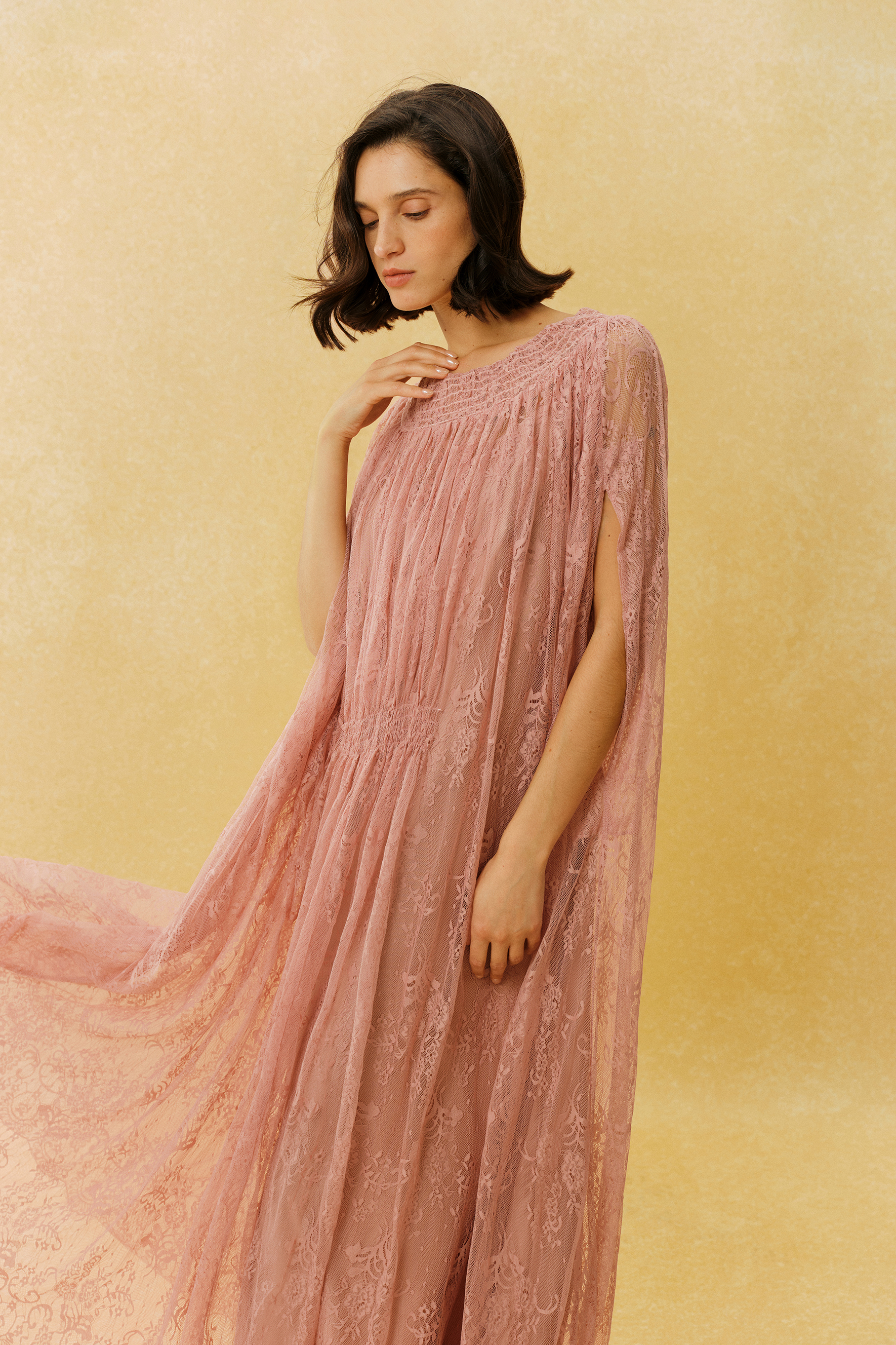 Can't Look Away Pink Floral Lace Cape Sleeve Maxi Dress