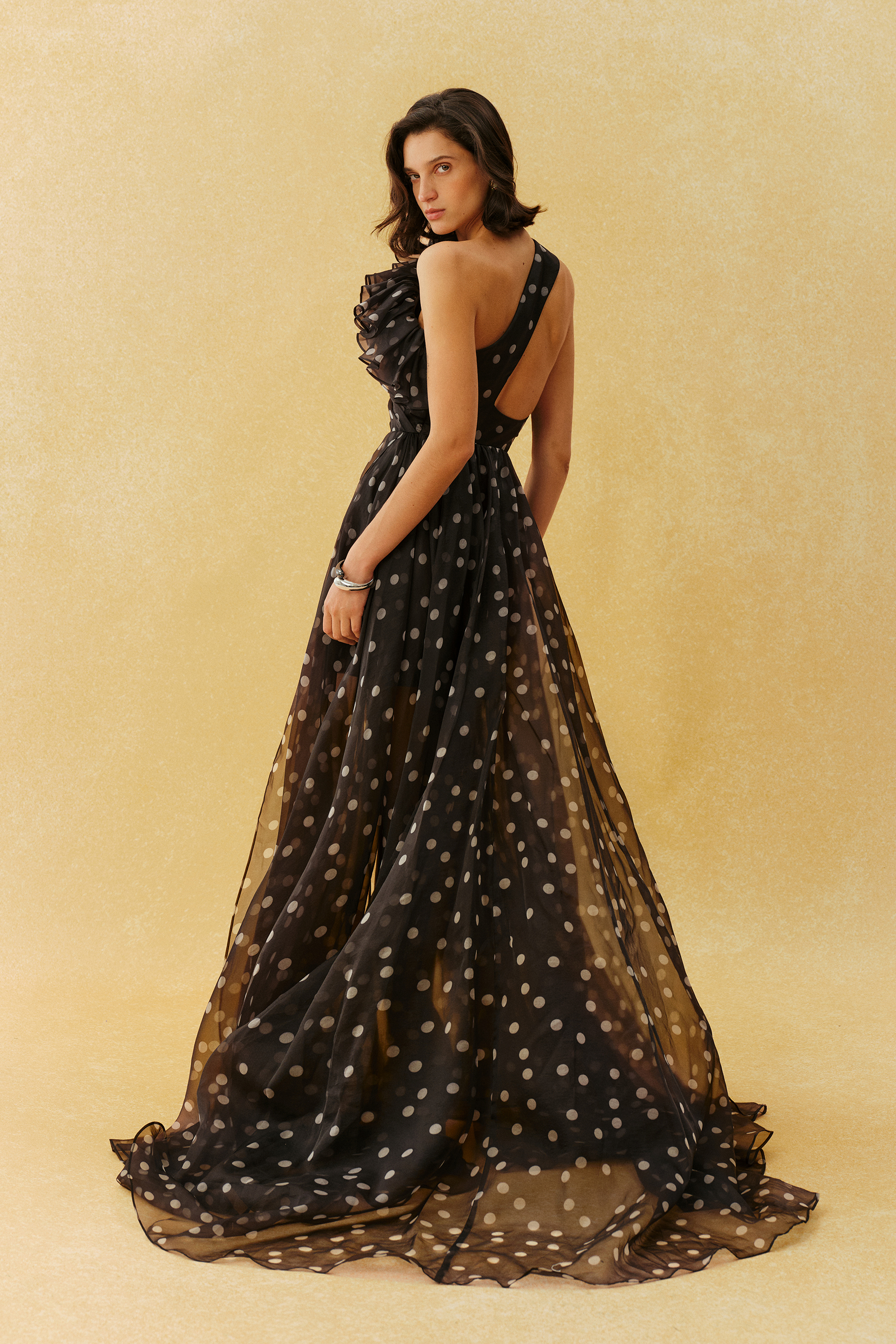 Playful Elegance Black Polka Dot Ruffle Neck Maxi Dress