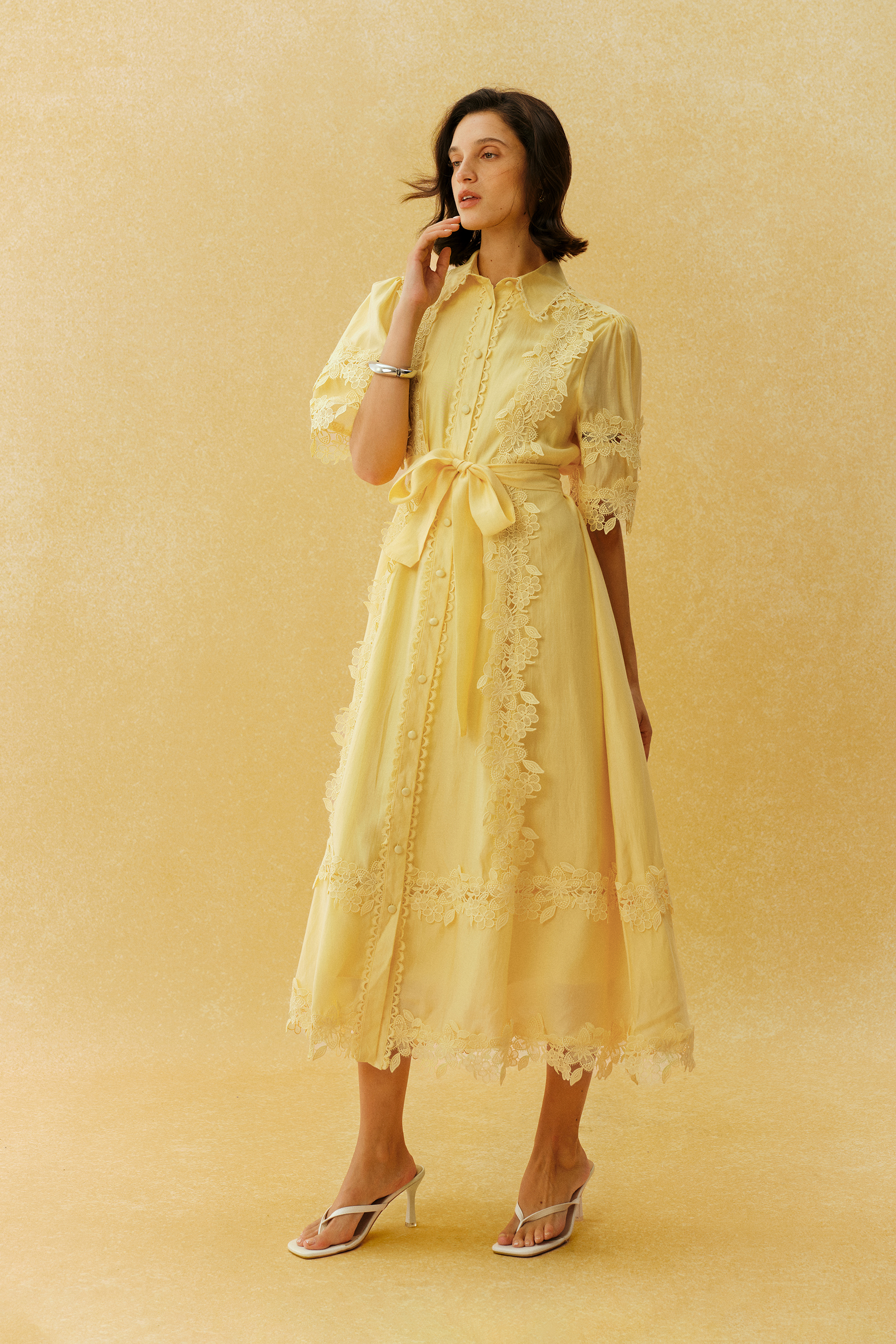 Chasing The Sun Yellow Lace Trim Short Sleeve Midi Dress